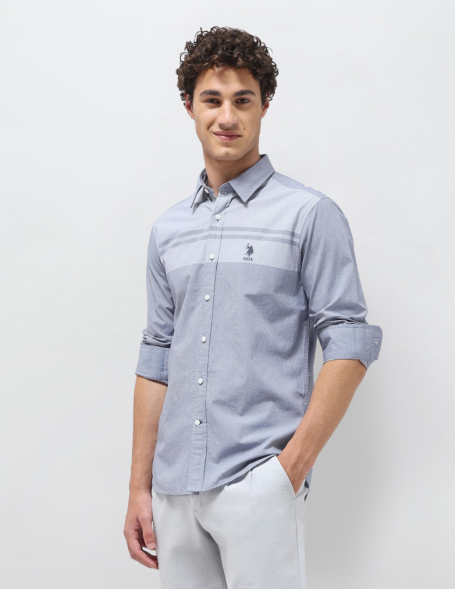 Solid Stripe Detail Regular Fit Shirt Blue - U.S. Polo Assn. India | Large