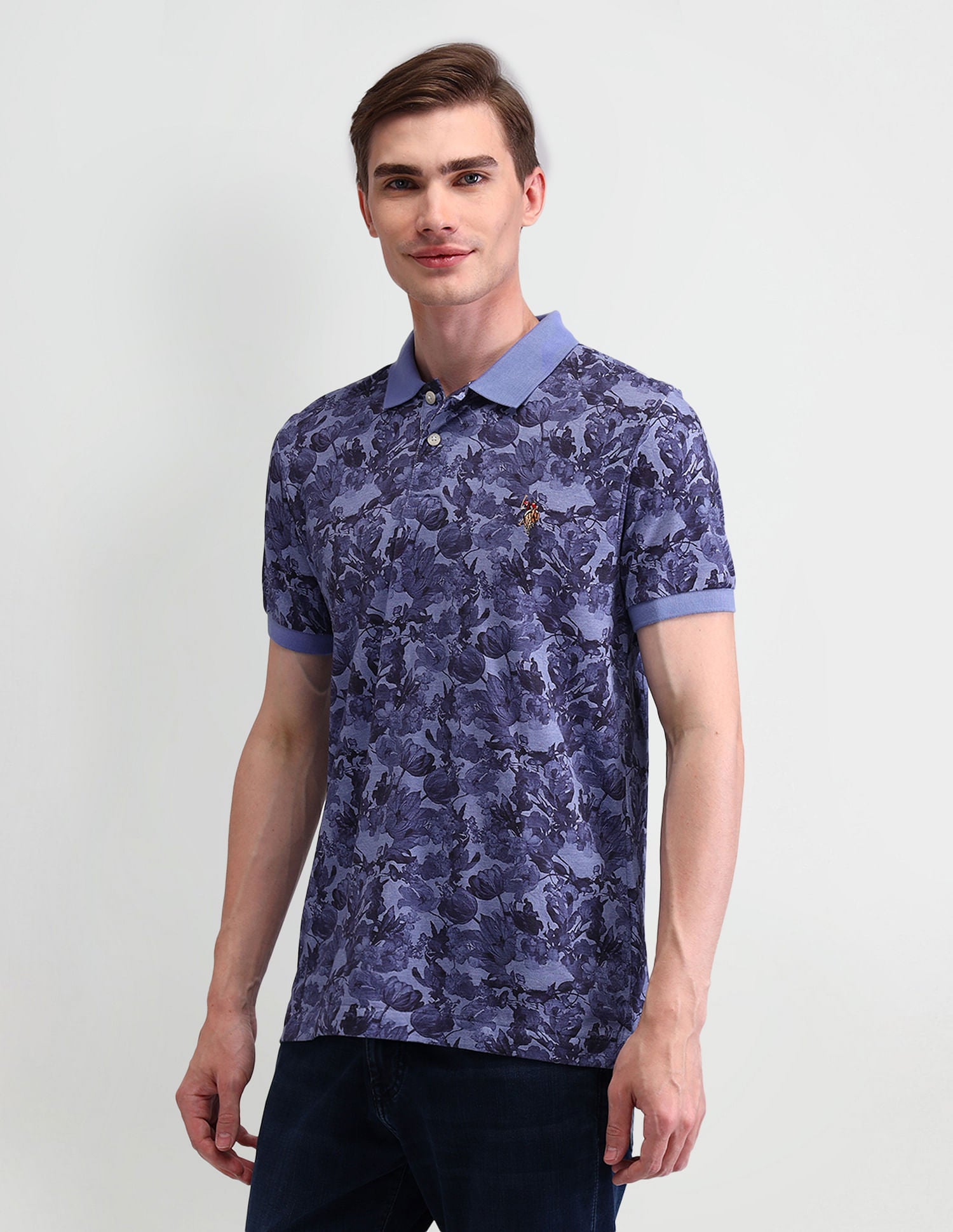 Pure Cotton Slim Fit Floral Polo Shirt Navy - U.S. Polo Assn. India | Large
