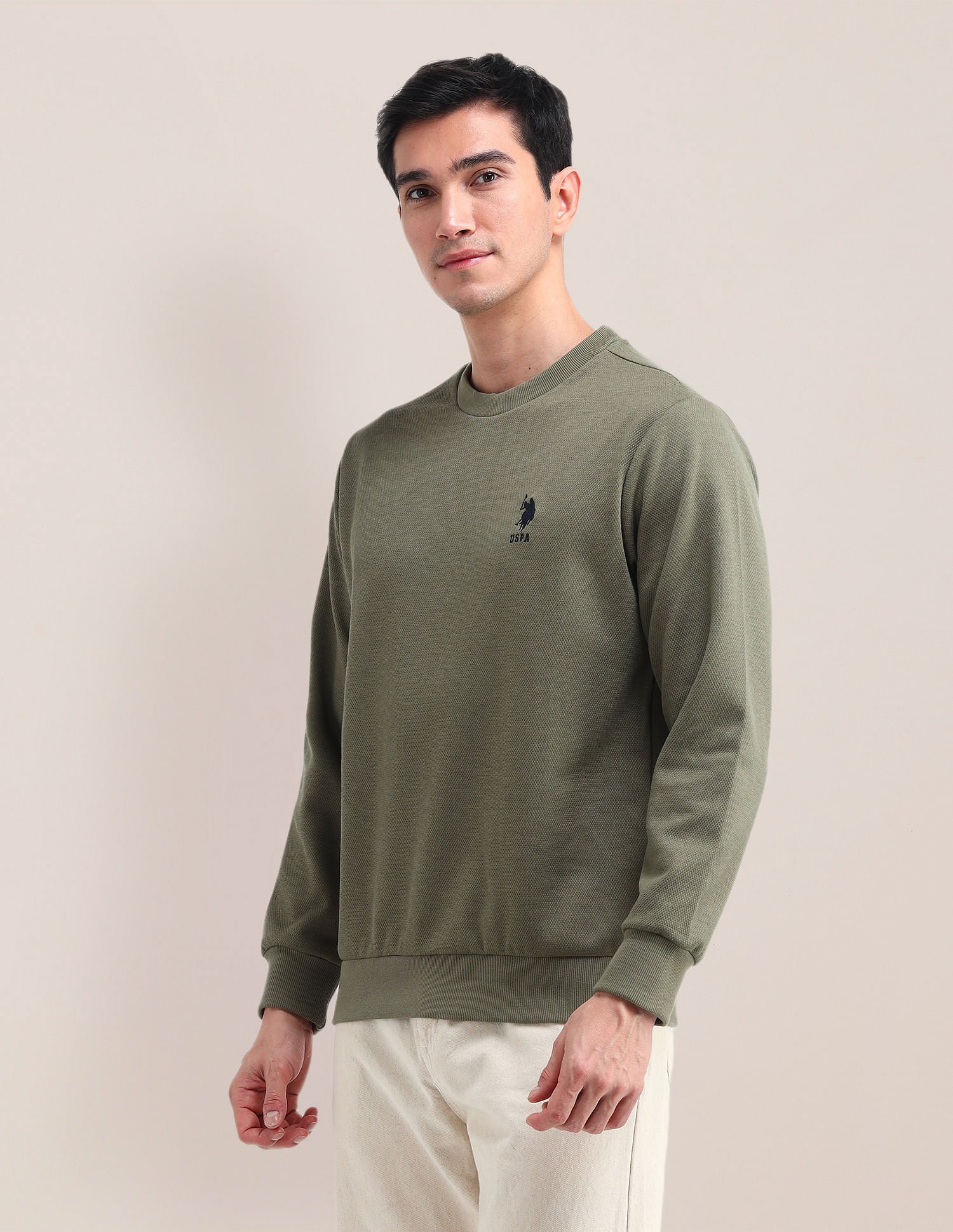 Patterned Knit Regular Fit Sweatshirt Olive - U.S. Polo Assn. India | Large