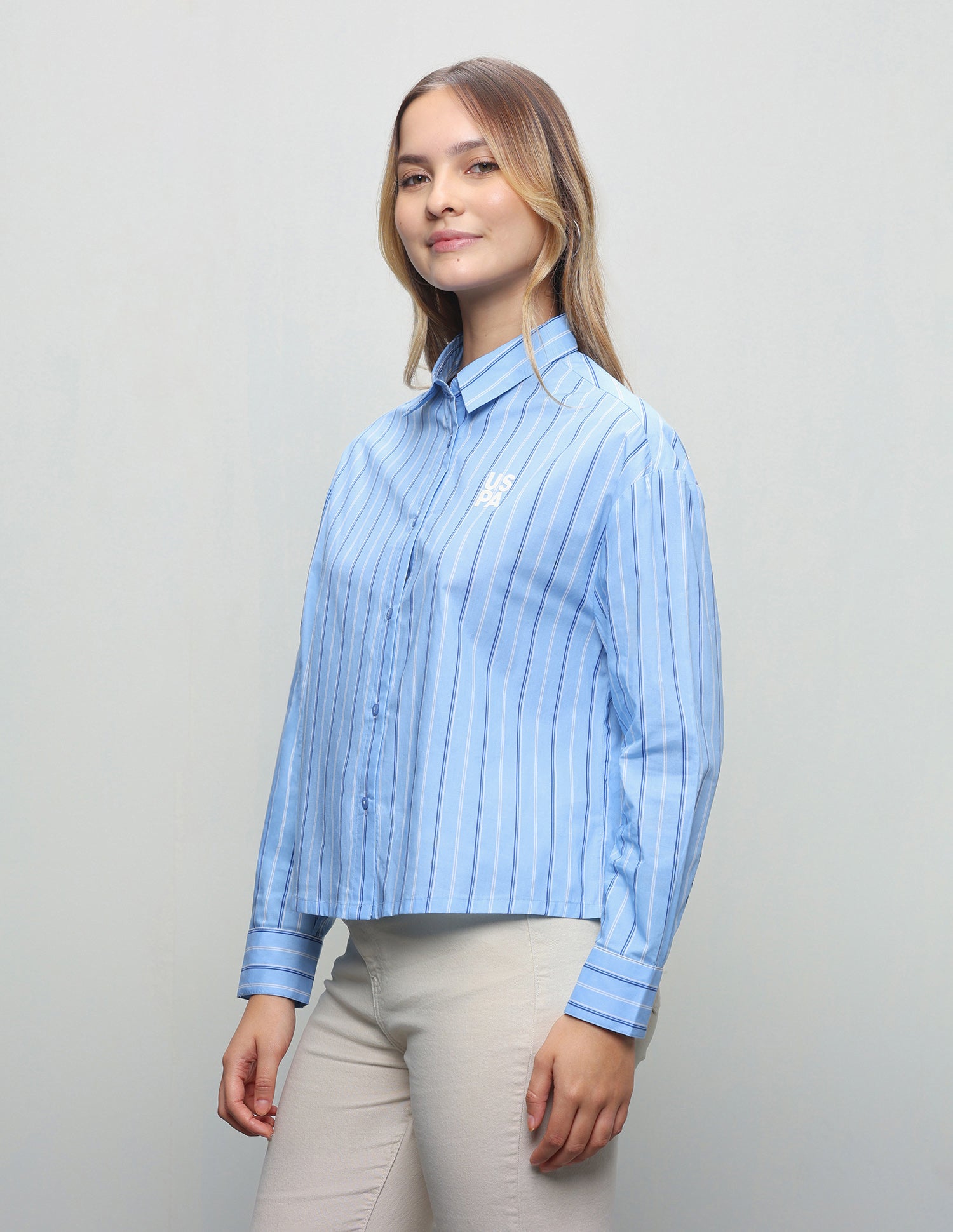 Vertical Striped Cropped Shirt Light Blue - U.S. Polo Assn. India | Large