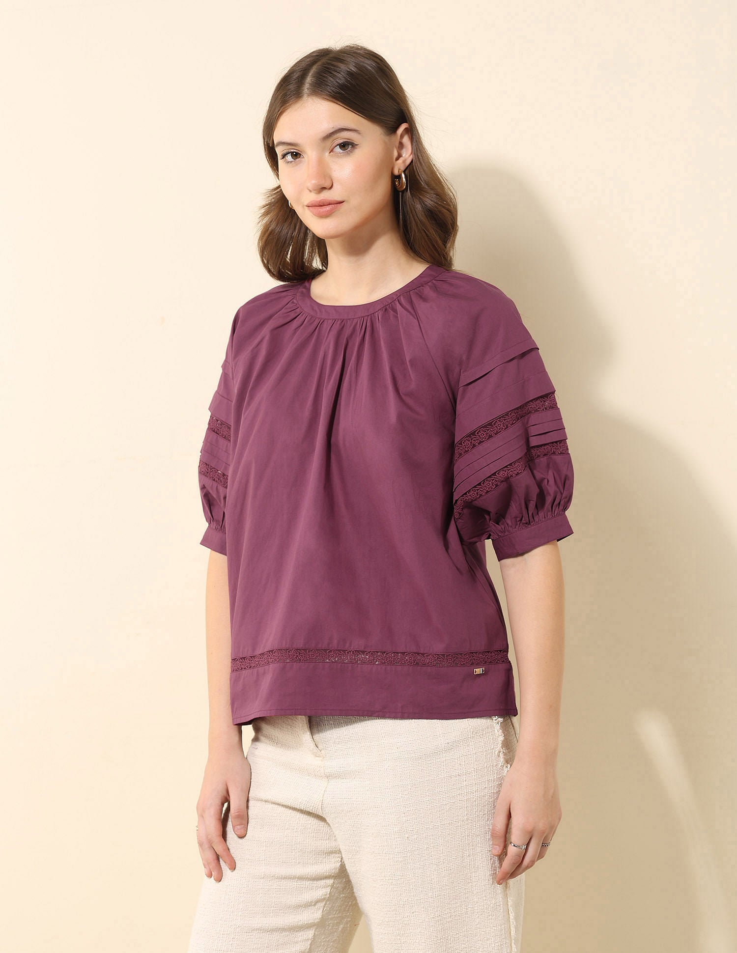 Pleated Solid Regular Fit Top Wine - U.S. Polo Assn. India | Large