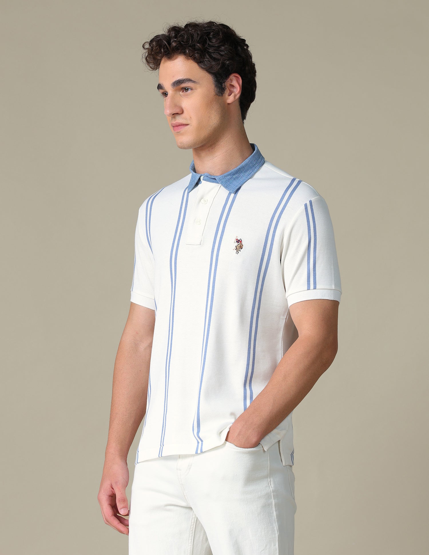 Vertical Striped Slim Fit T-Shirt Ivory - U.S. Polo Assn. India | Large