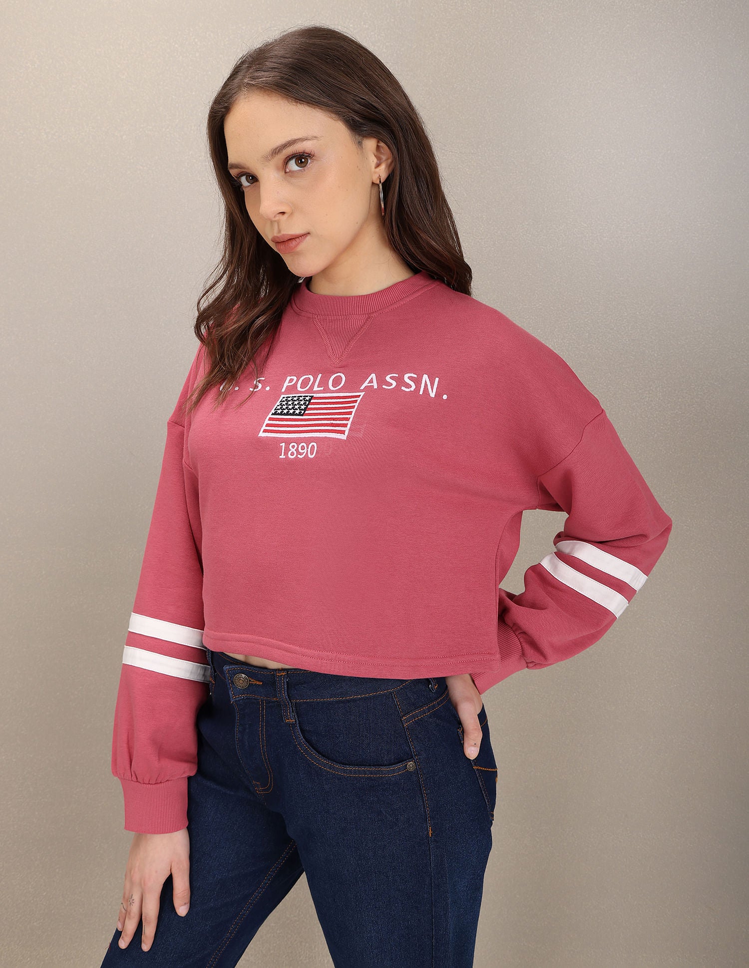 Crew Neck Brand Embroidered Sweatshirt Dark Pink - U.S. Polo Assn. India | Large