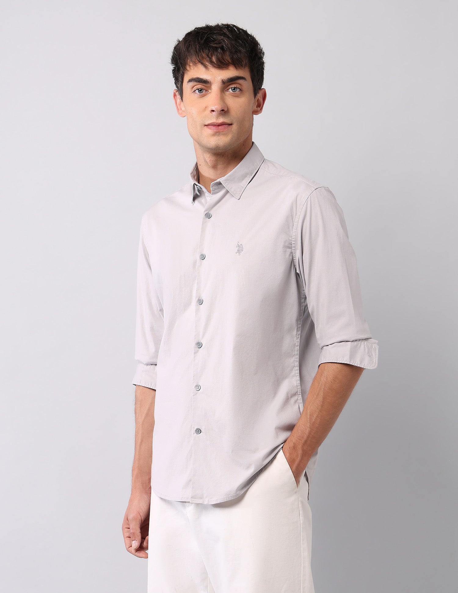 Solid Regular Fit Poplin Shirt Light Grey - U.S. Polo Assn. India | Large
