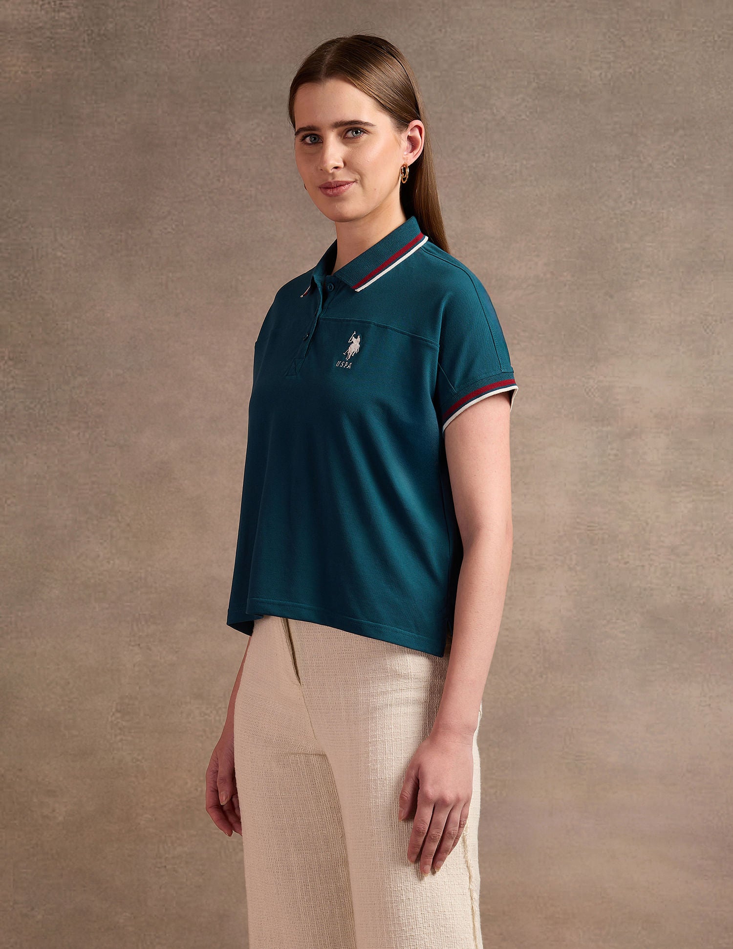 Tipped Collar Boxy Fit Polo Shirt Teal - U.S. POLO ASSN. | Large