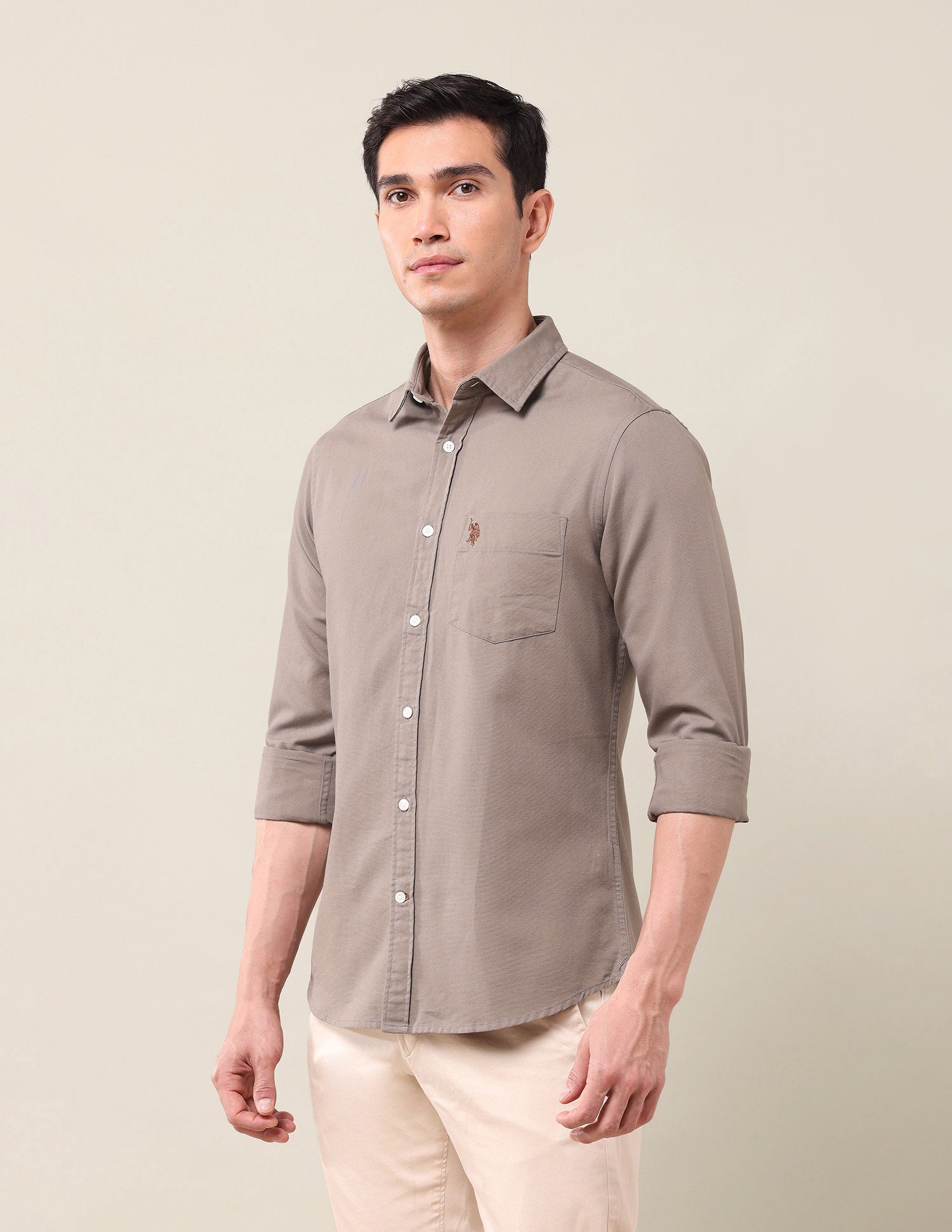 Tailored Fit Solid Shirt Light Brown - U.S. Polo Assn. India | Large