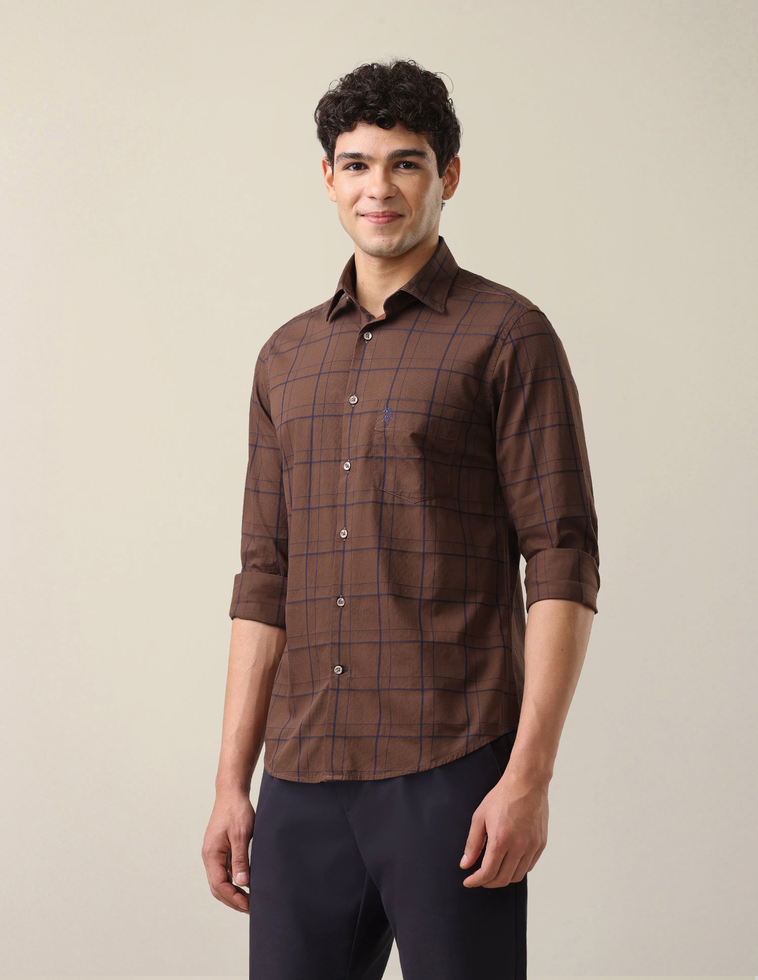 Windowpane Checked Tailored Fit Shirt Brown - U.S. Polo Assn. India | Large