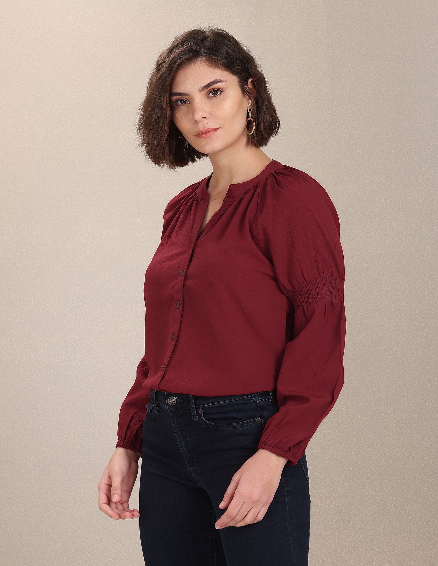 Mandarin Collar Peasant Sleeve Evening Top Rust - U.S. POLO ASSN. | Large