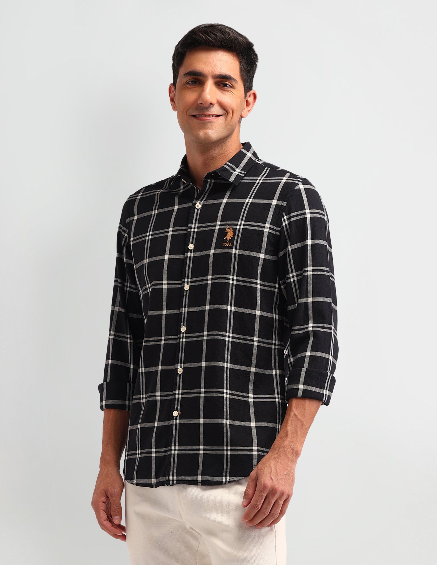 Windowpane Check Printed Slim Fit Shirt Black - U.S. Polo Assn. India | Large
