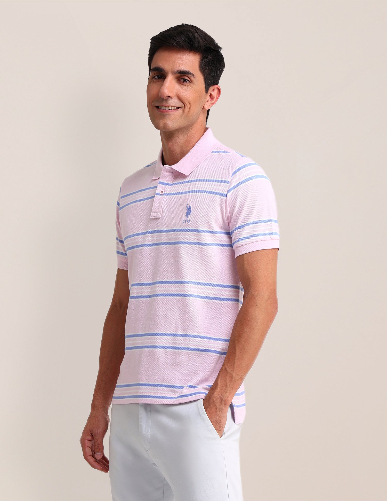 Horizontal Striped Cotton Polo Shirt Pink - U.S. Polo Assn. India | Large