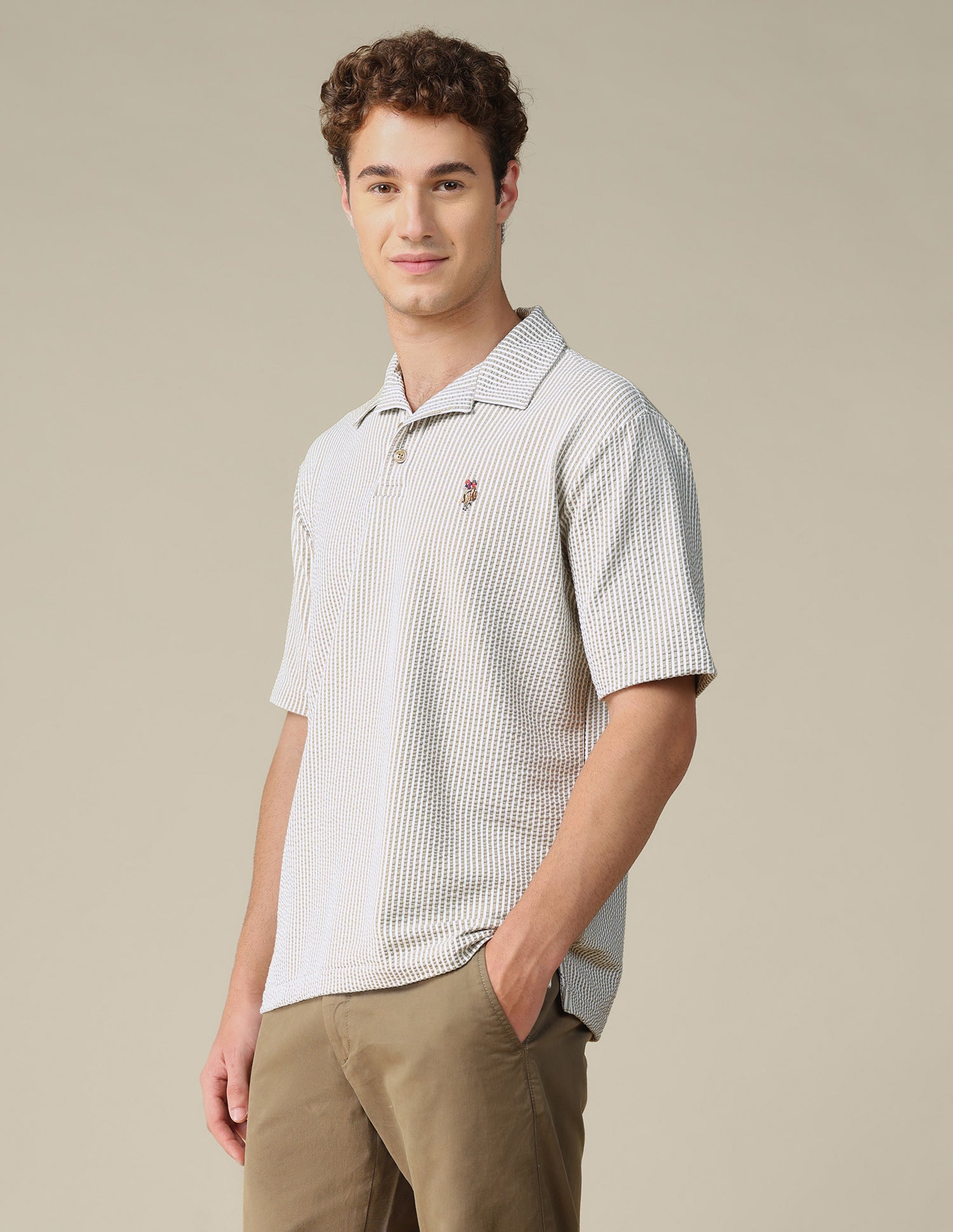 Vertical Striped Relaxed Fit Polo Shirt Khaki - U.S. Polo Assn. India | Large