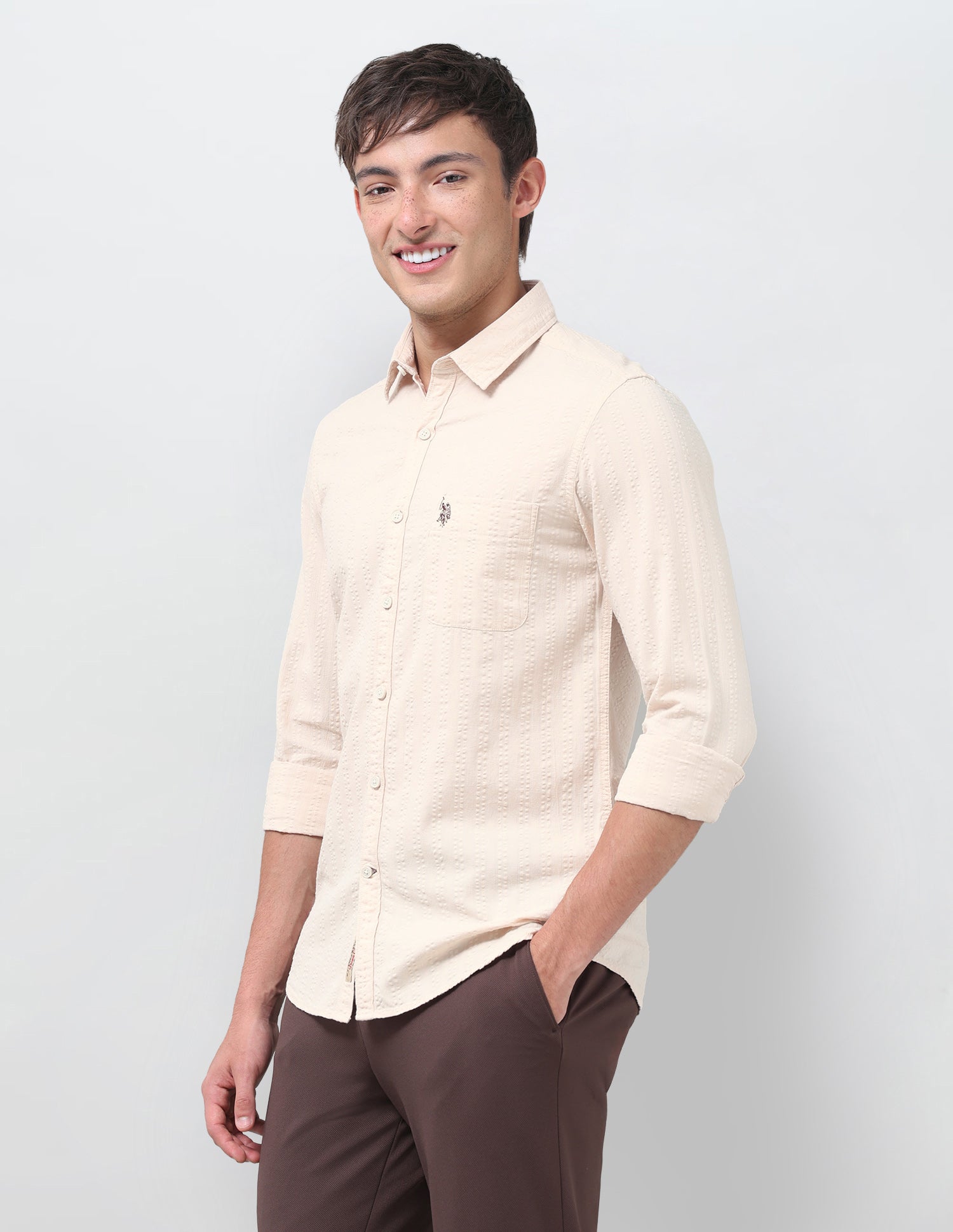 Textured Regular Fit Shirt Beige - U.S. Polo Assn. India | Large
