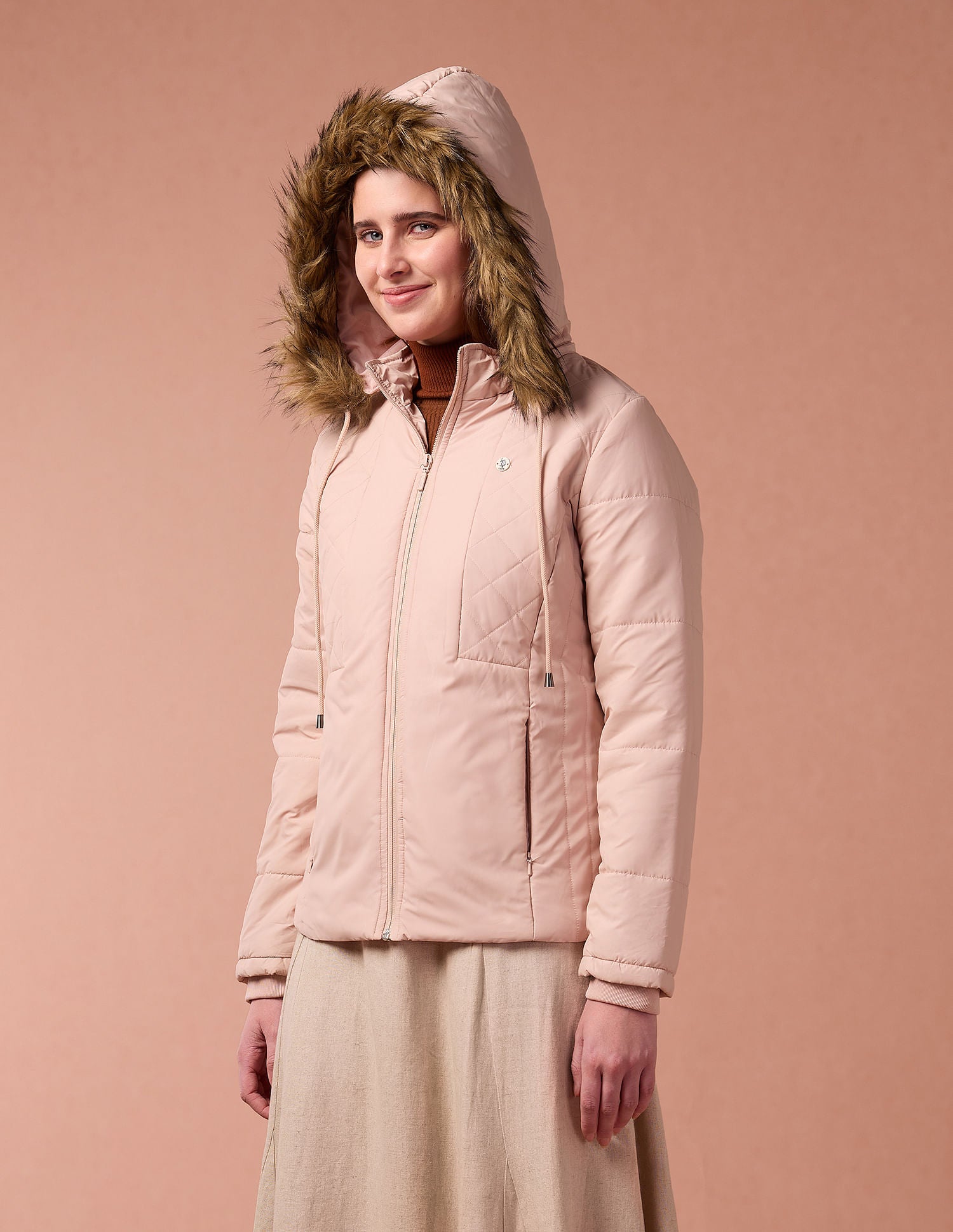 Solid Hooded Puffer Jacket Peach - U.S. POLO ASSN. | Large