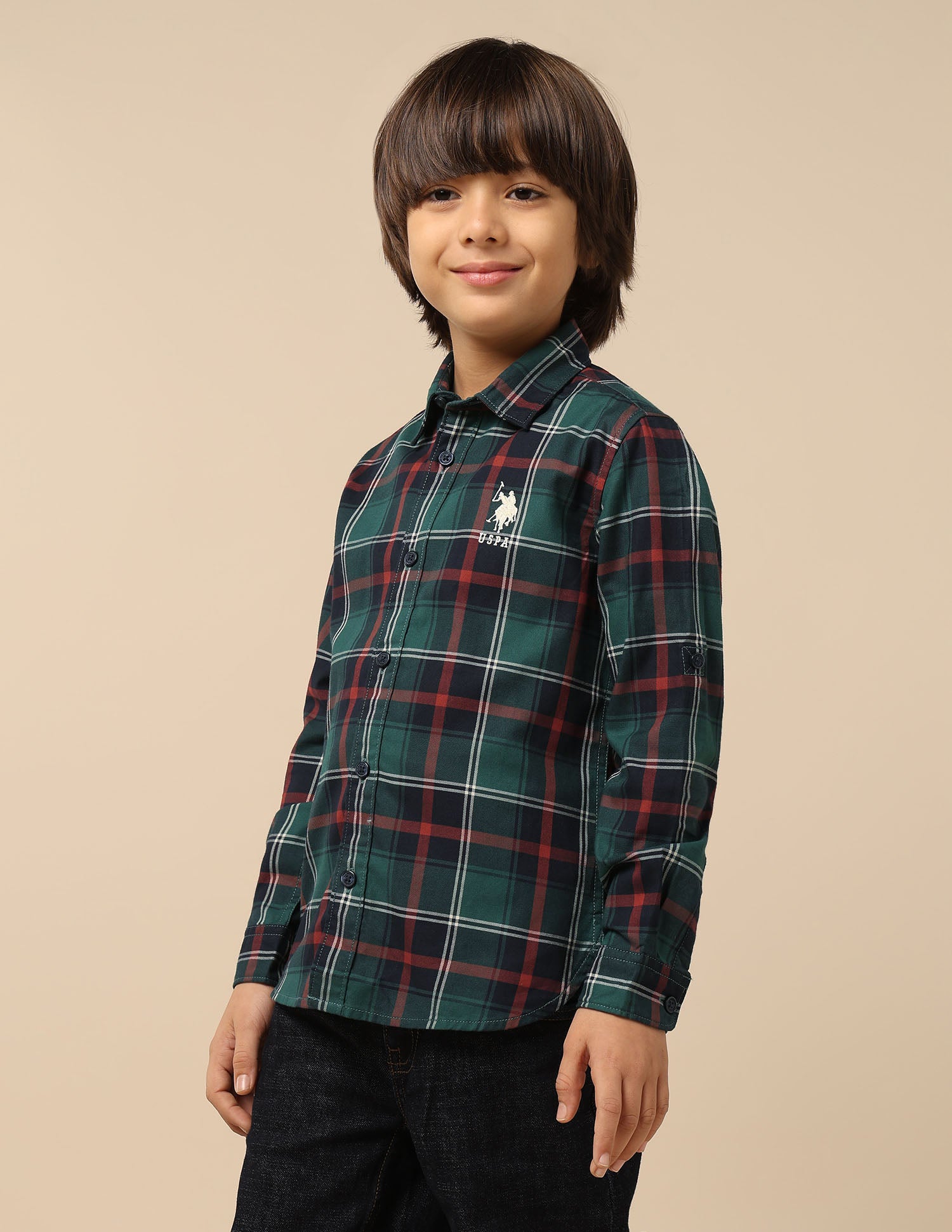Boys Plaid Checked Twill Shirt Green - U.S. POLO ASSN. | Large