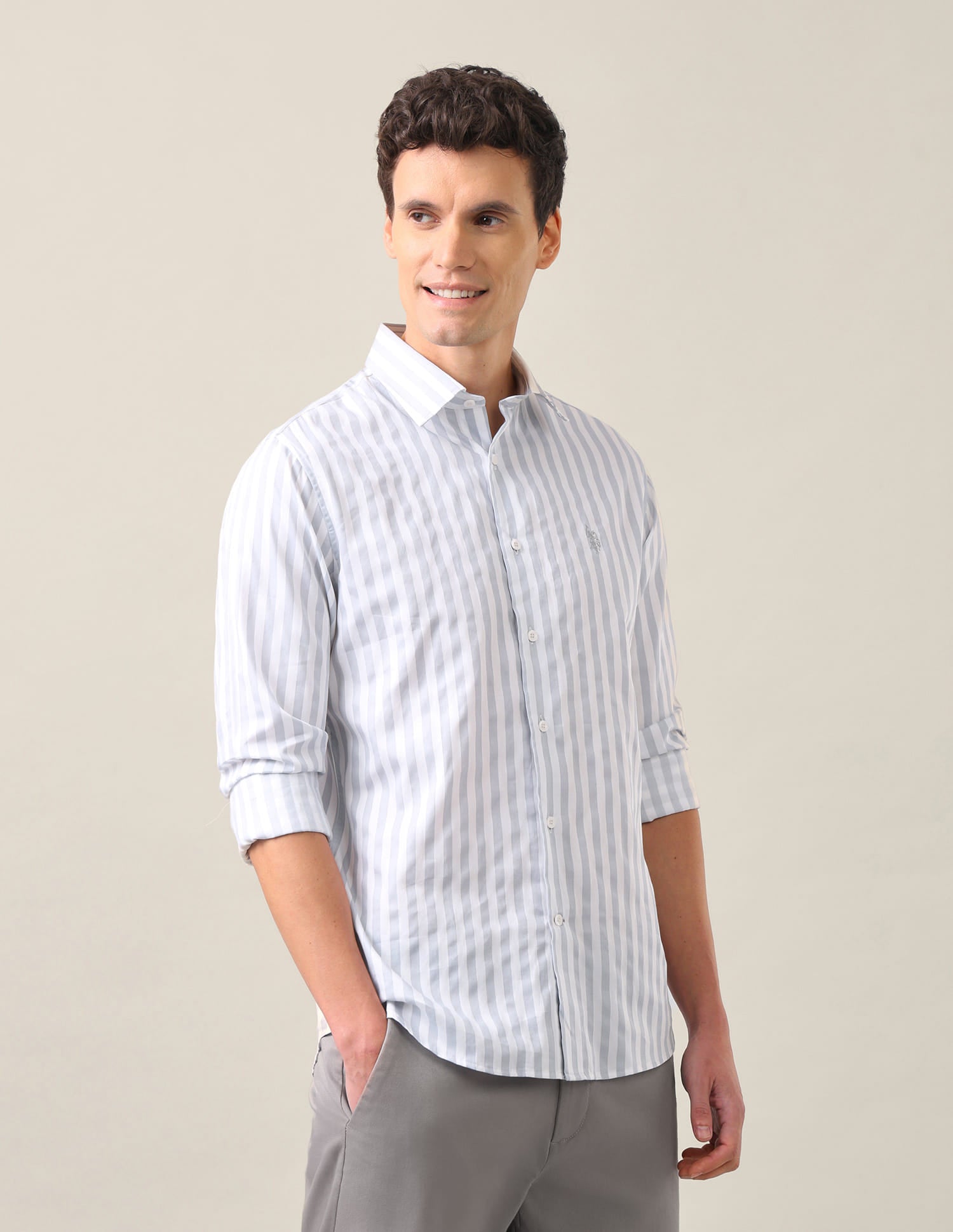 Vertical Striped Tailored Fit Shirt Grey - U.S. Polo Assn. India | Large