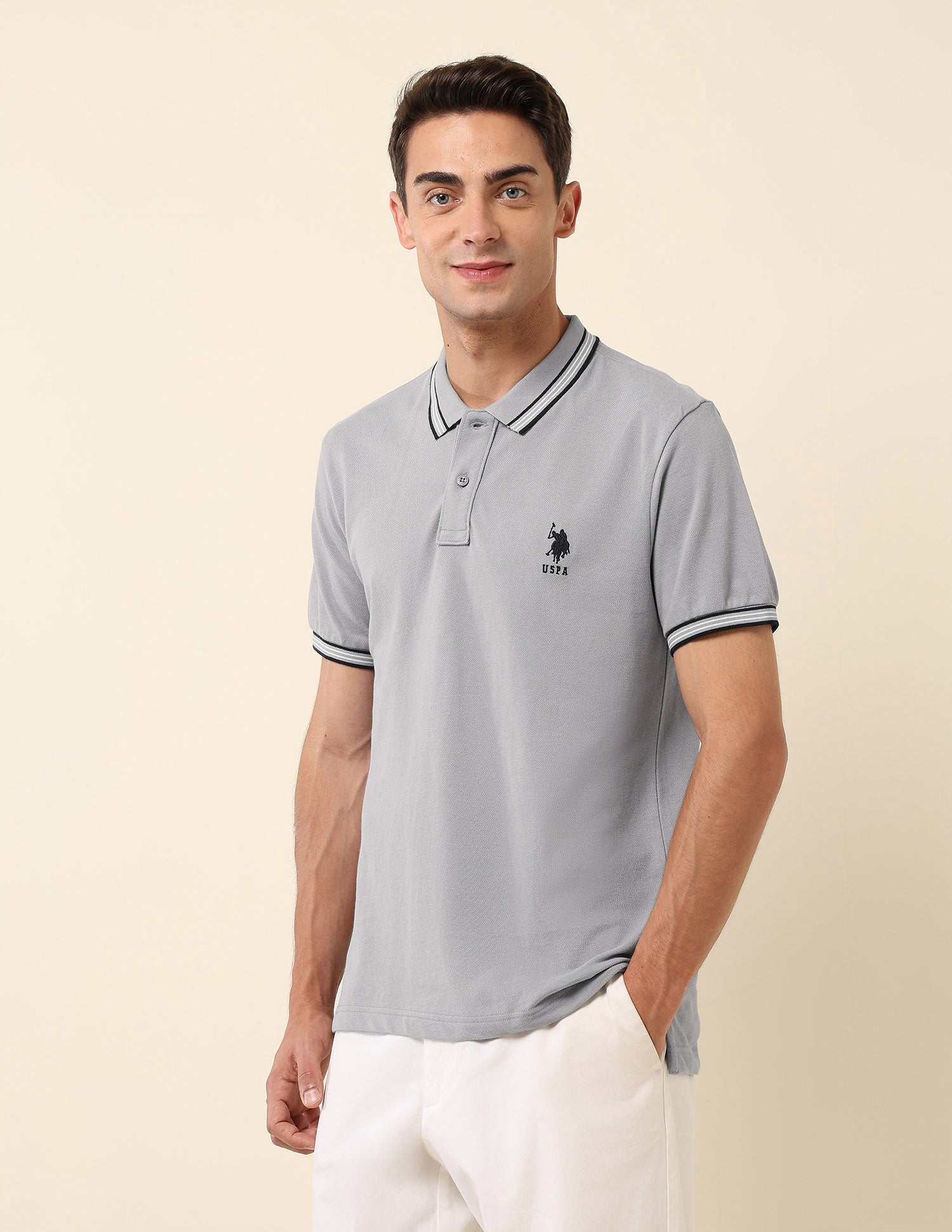 Slim Fit Solid Polo Shirt Light Grey - U.S. Polo Assn. India | Large