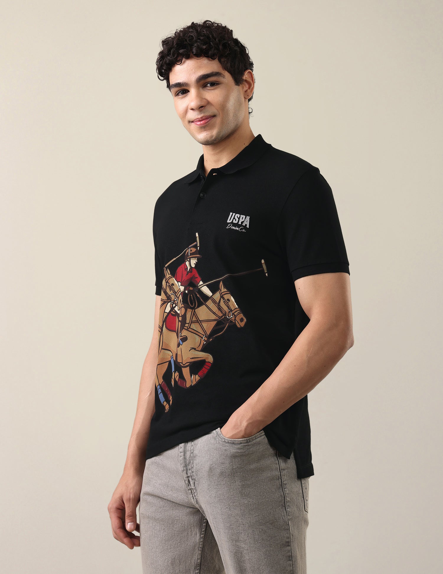 Graphic Brand Printed Slim Fit Polo Shirt Black - U.S. Polo Assn. India | Large