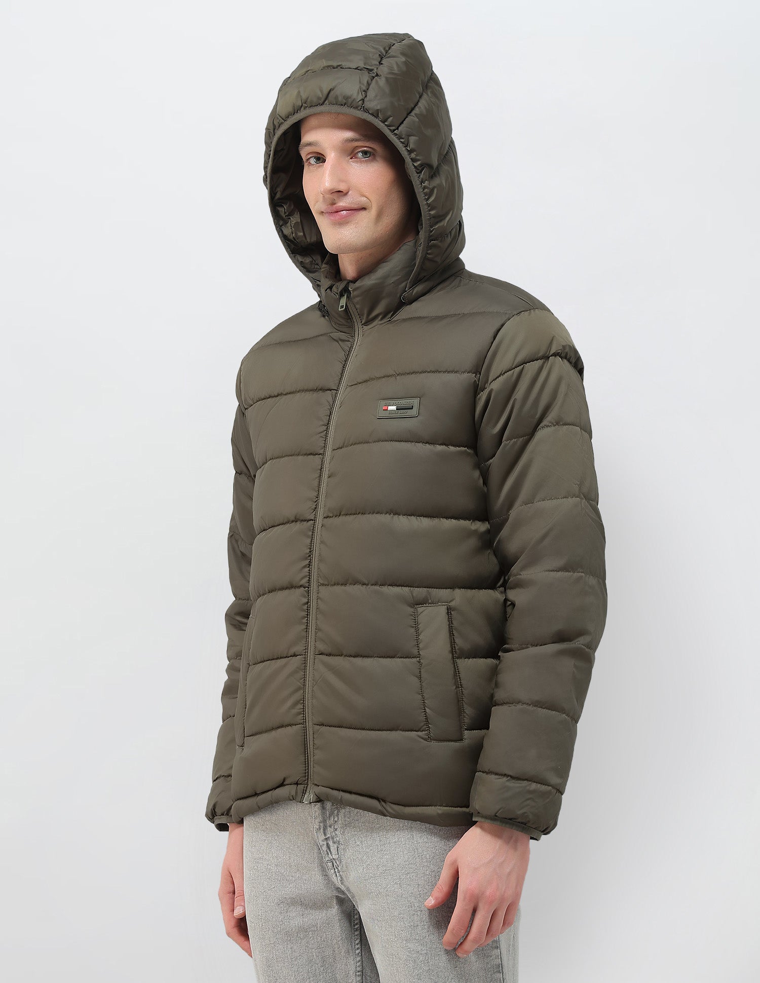 Removable Hood Solid Puffer Jacket Olive - U.S. Polo Assn. India | Large