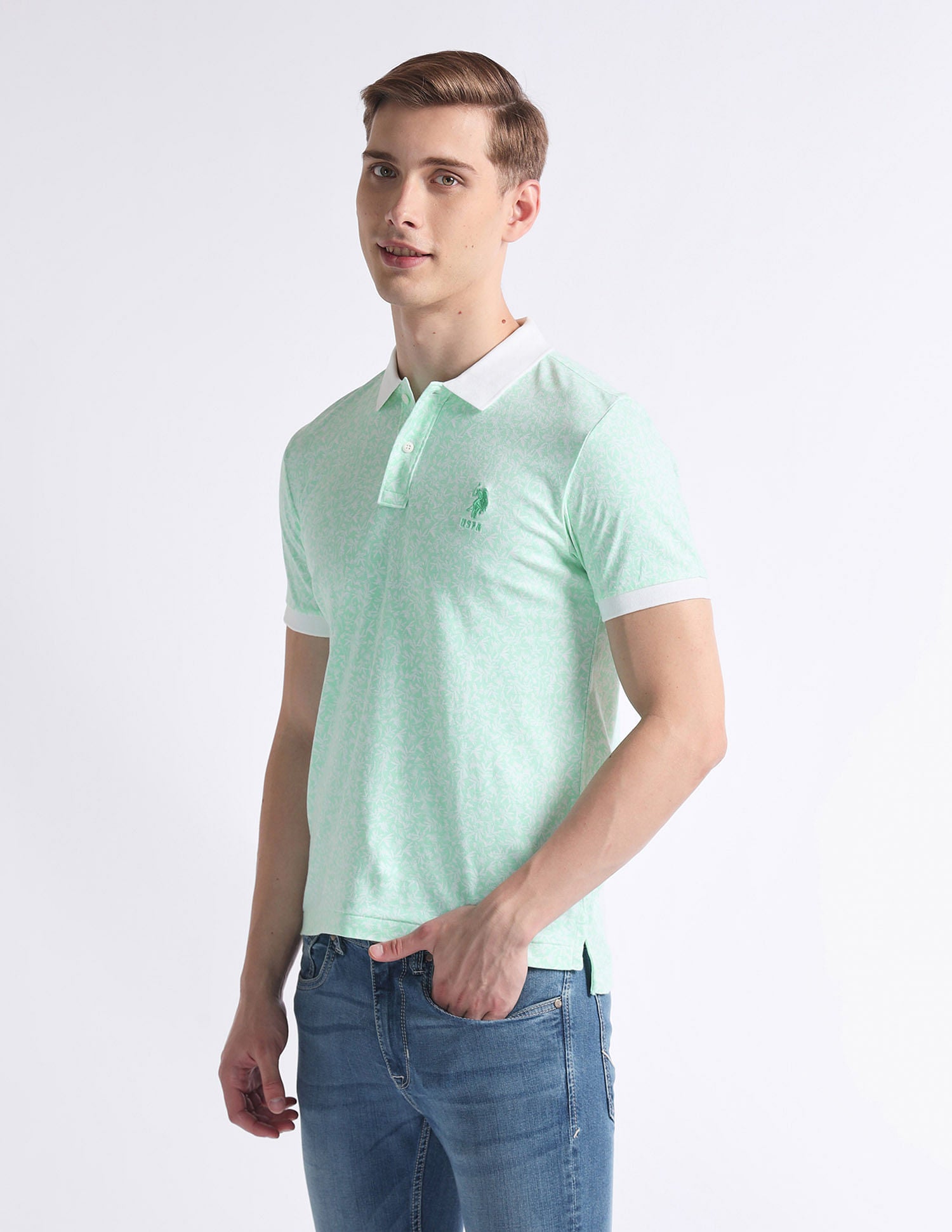 Tropical Print Logo Polo Shirt Green - U.S. Polo Assn. India | Large