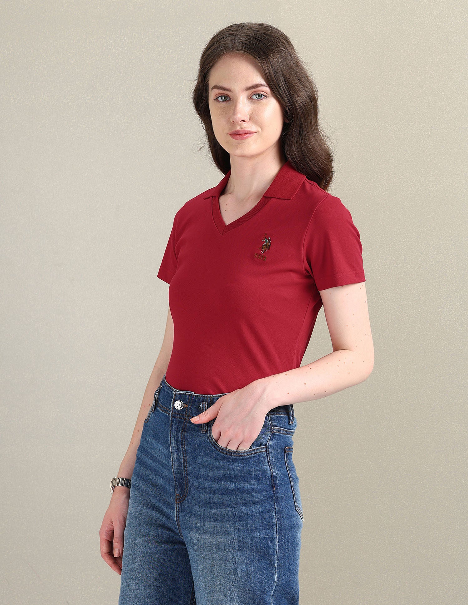 V-Neck Pique Polo Shirt Red - U.S. POLO ASSN. | Large