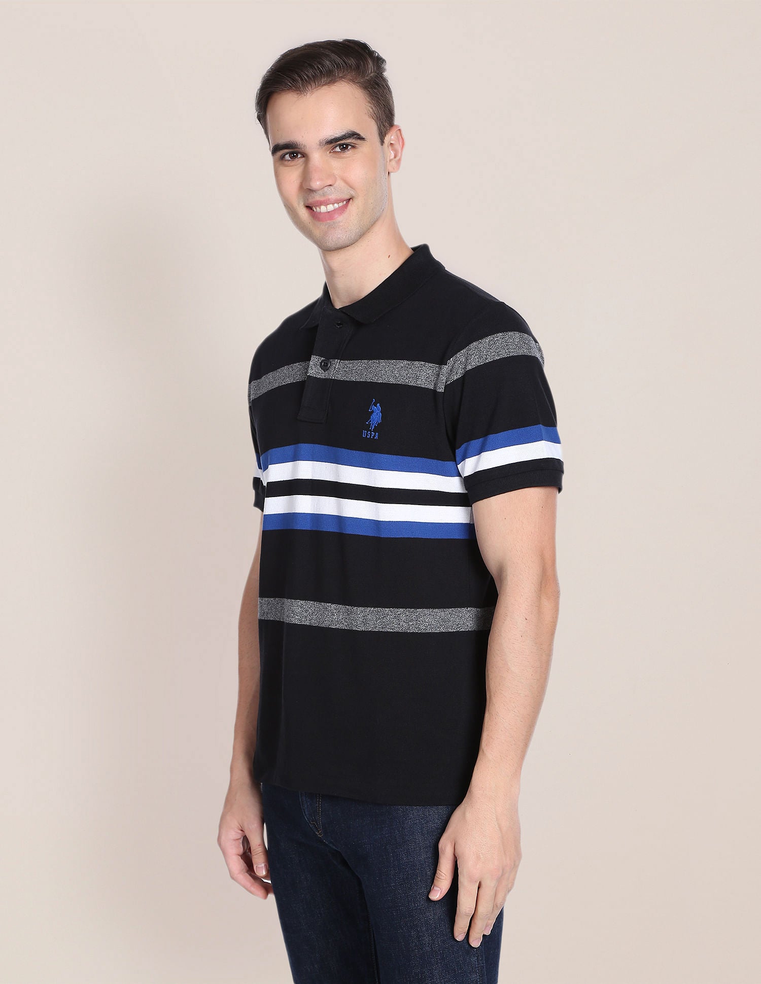 Horizontal Stripe Cotton Polo Shirt Black - U.S. Polo Assn. India | Large