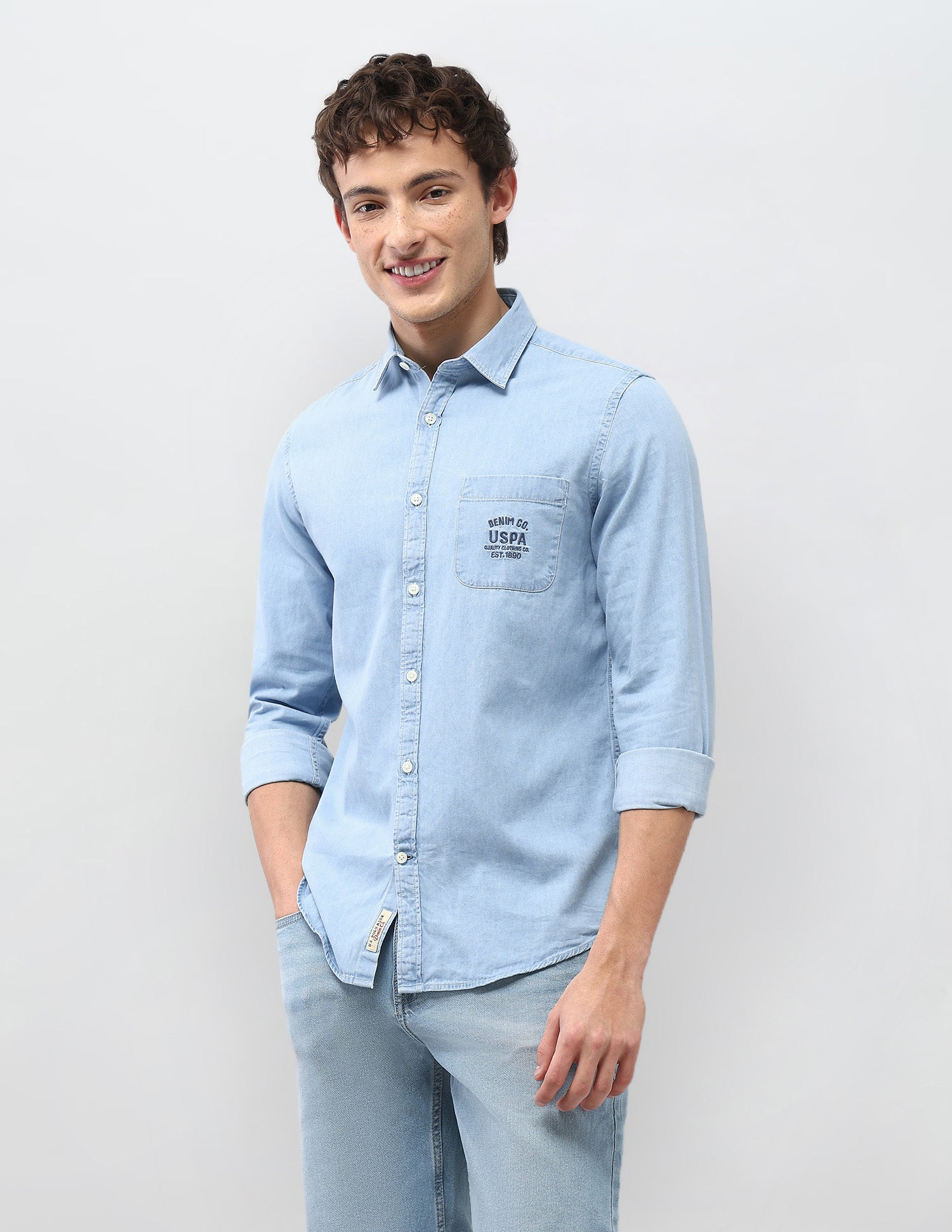 Motel On The Coast Solid Regular Fit Shirt Light Indigo - U.S. Polo Assn. India | Large