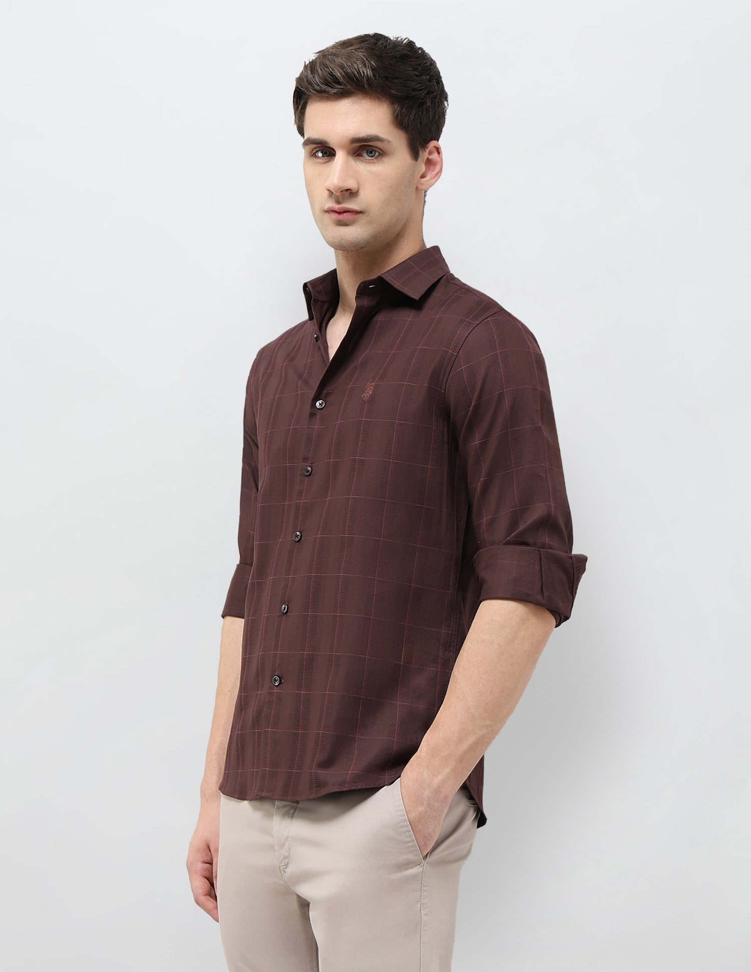 Regular Fit Textured With Grid Checked Shirt Burgundy - U.S. POLO ASSN. | Large