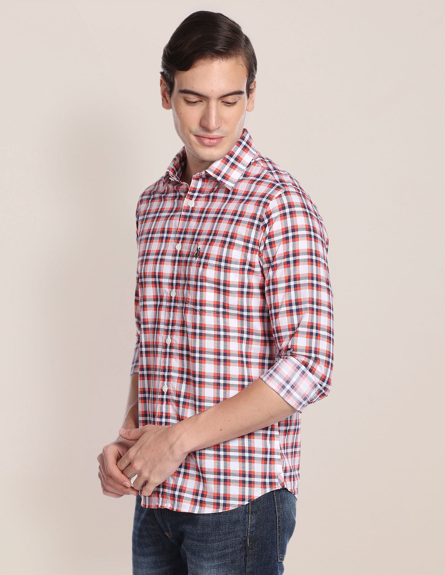 Pure Cotton Tartan Check Shirt Orange and Navy - U.S. POLO ASSN. | Large