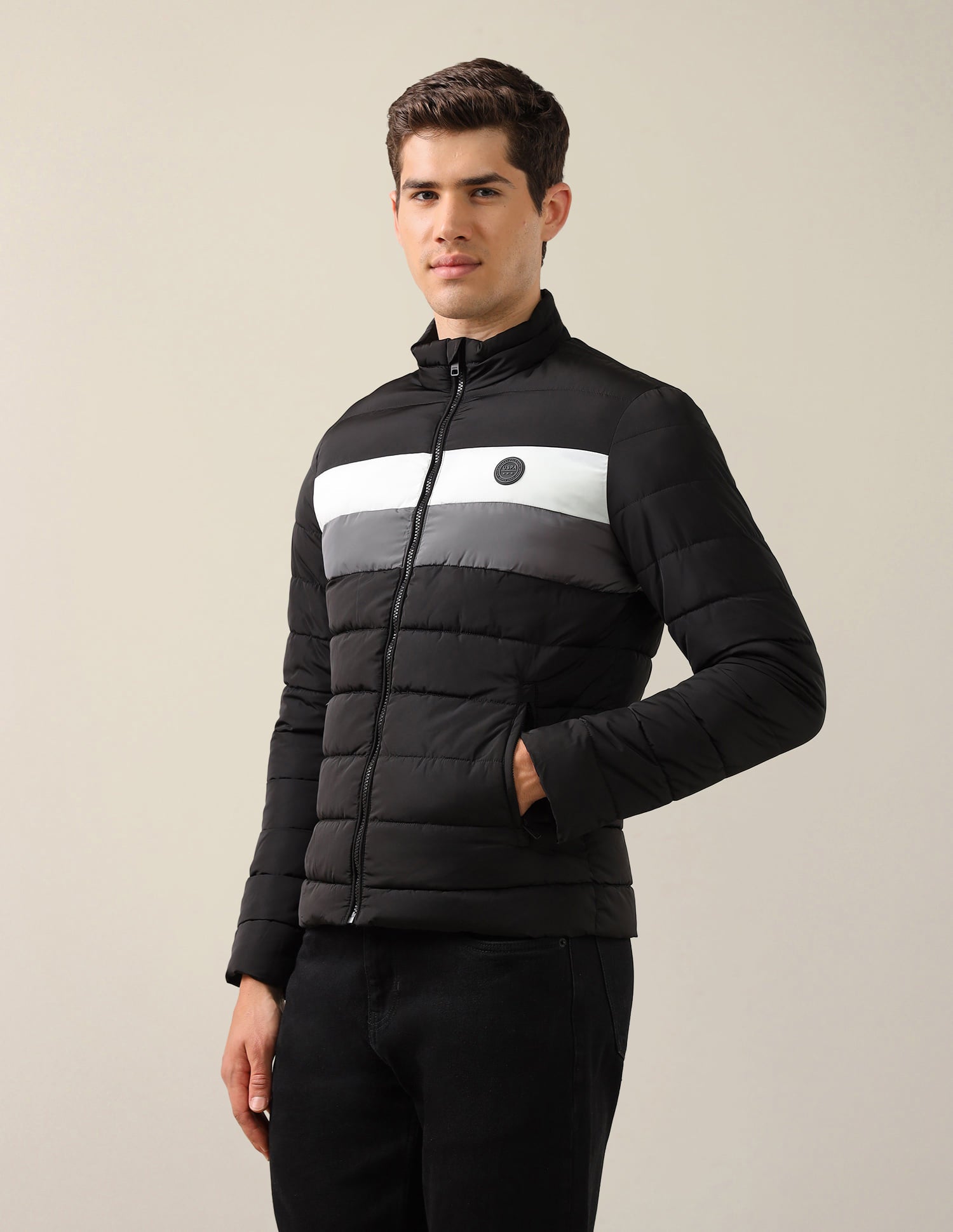 High Neck Striped Puffer Jacket Black - U.S. Polo Assn. India | Large