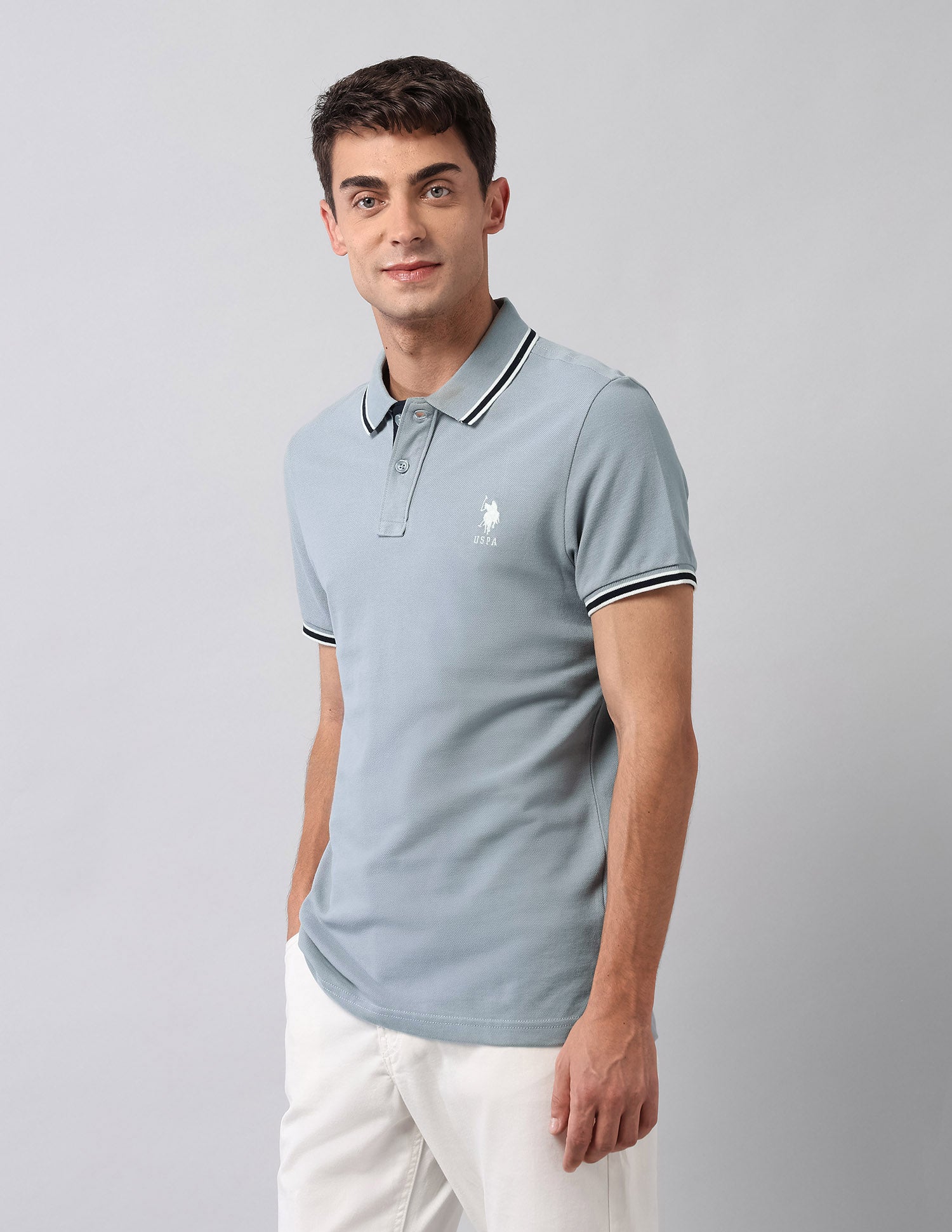 Pure Cotton Muscle Fit Polo Shirt Light Grey - U.S. Polo Assn. India | Large
