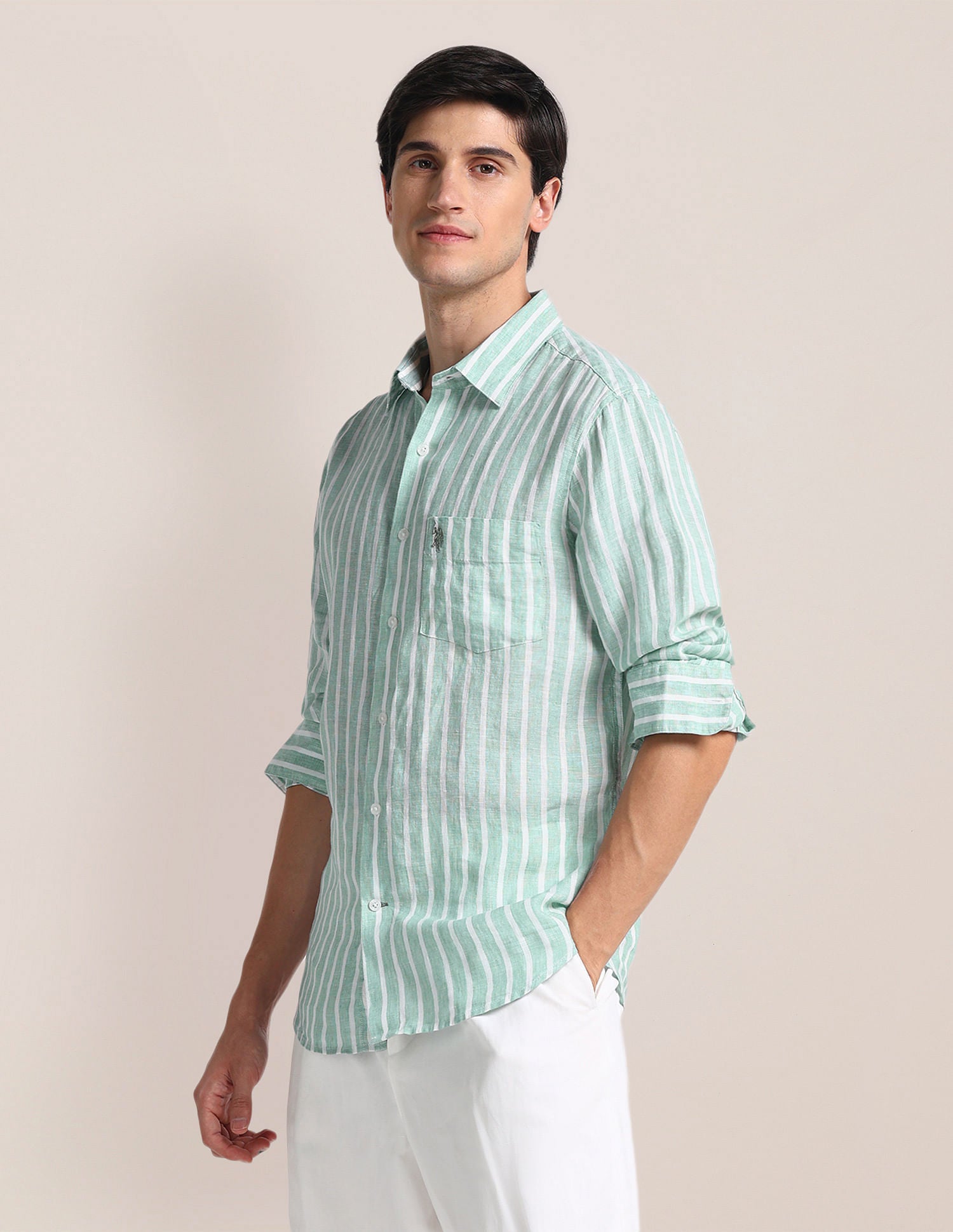 Vertical Stripe Linen Shirt Green - U.S. Polo Assn. India | Large