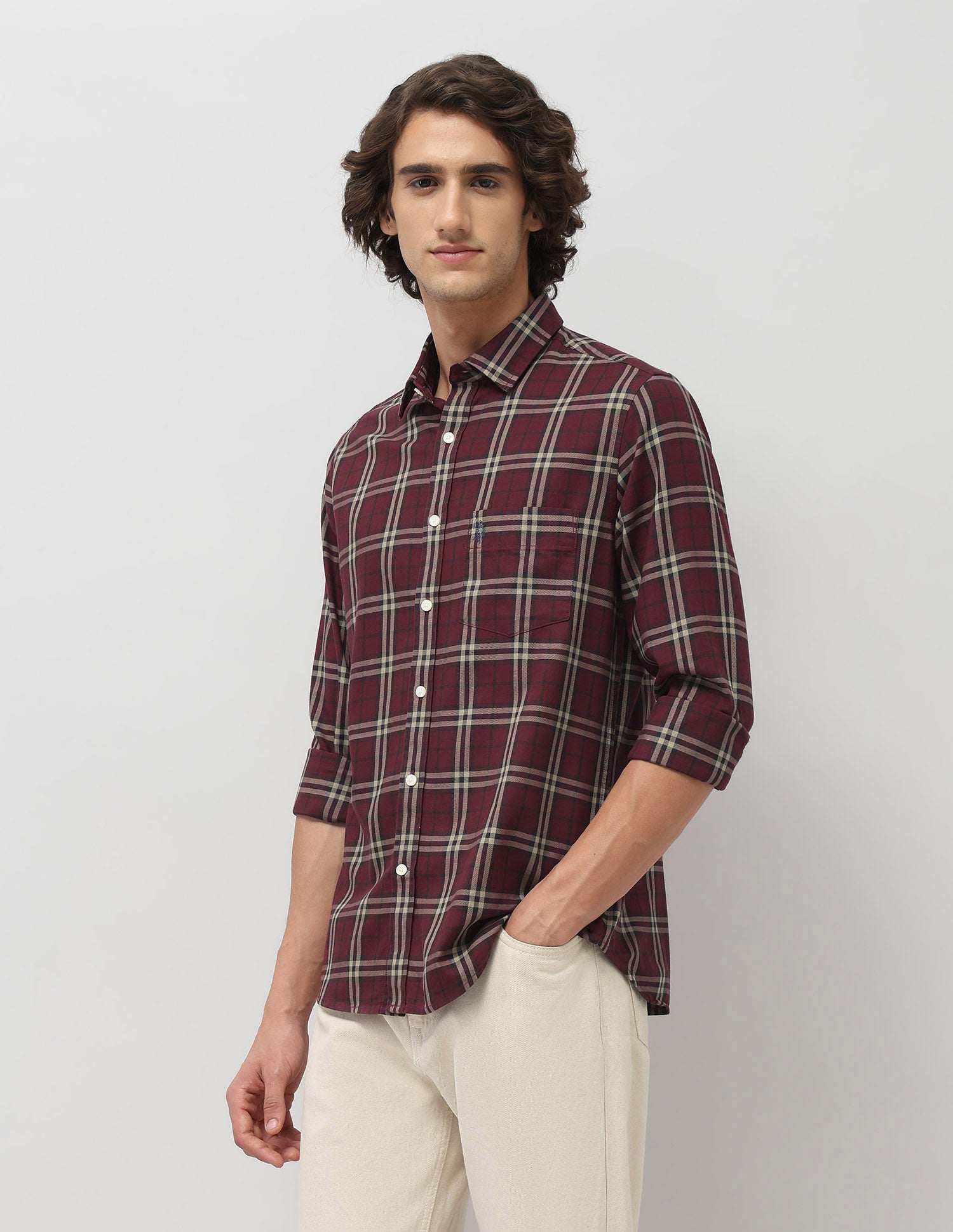 Grid Tattersall Checked Tailored Fit Shirt Burgundy - U.S. POLO ASSN. | Large