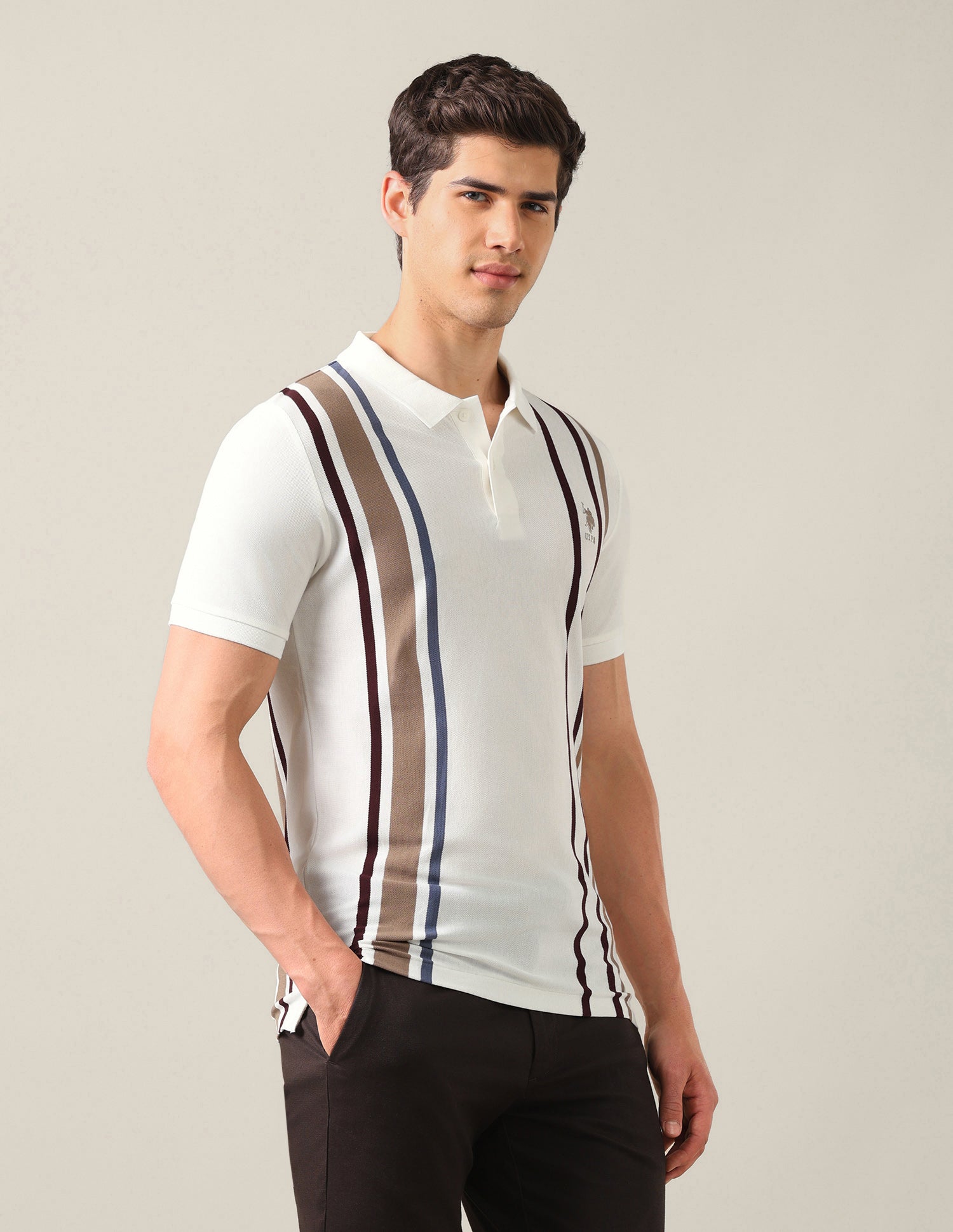 Vertical Striped Slim Fit Polo Shirt Off White - U.S. Polo Assn. India | Large