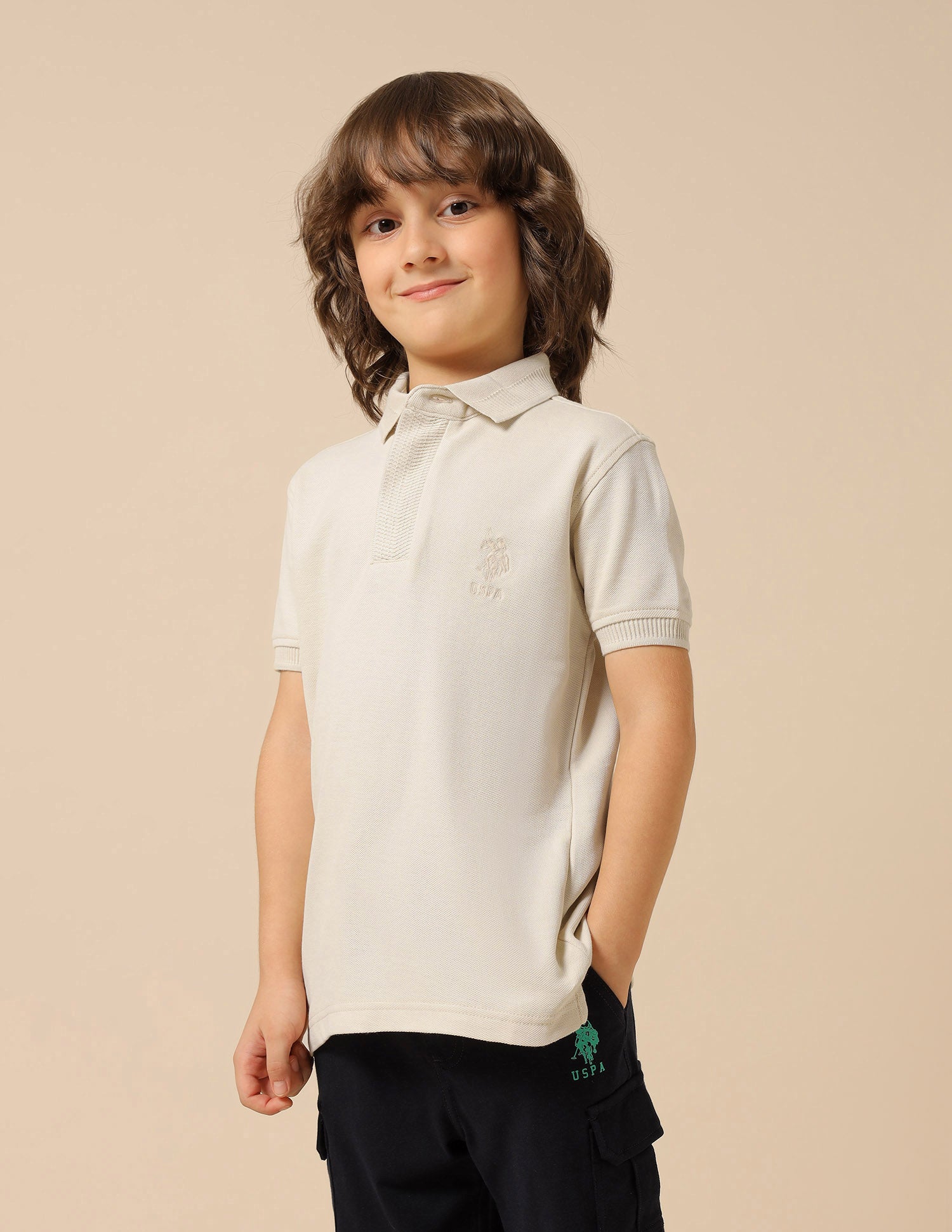 Boys Solid Pure Cotton Polo Shirt Beige - U.S. POLO ASSN. | Large
