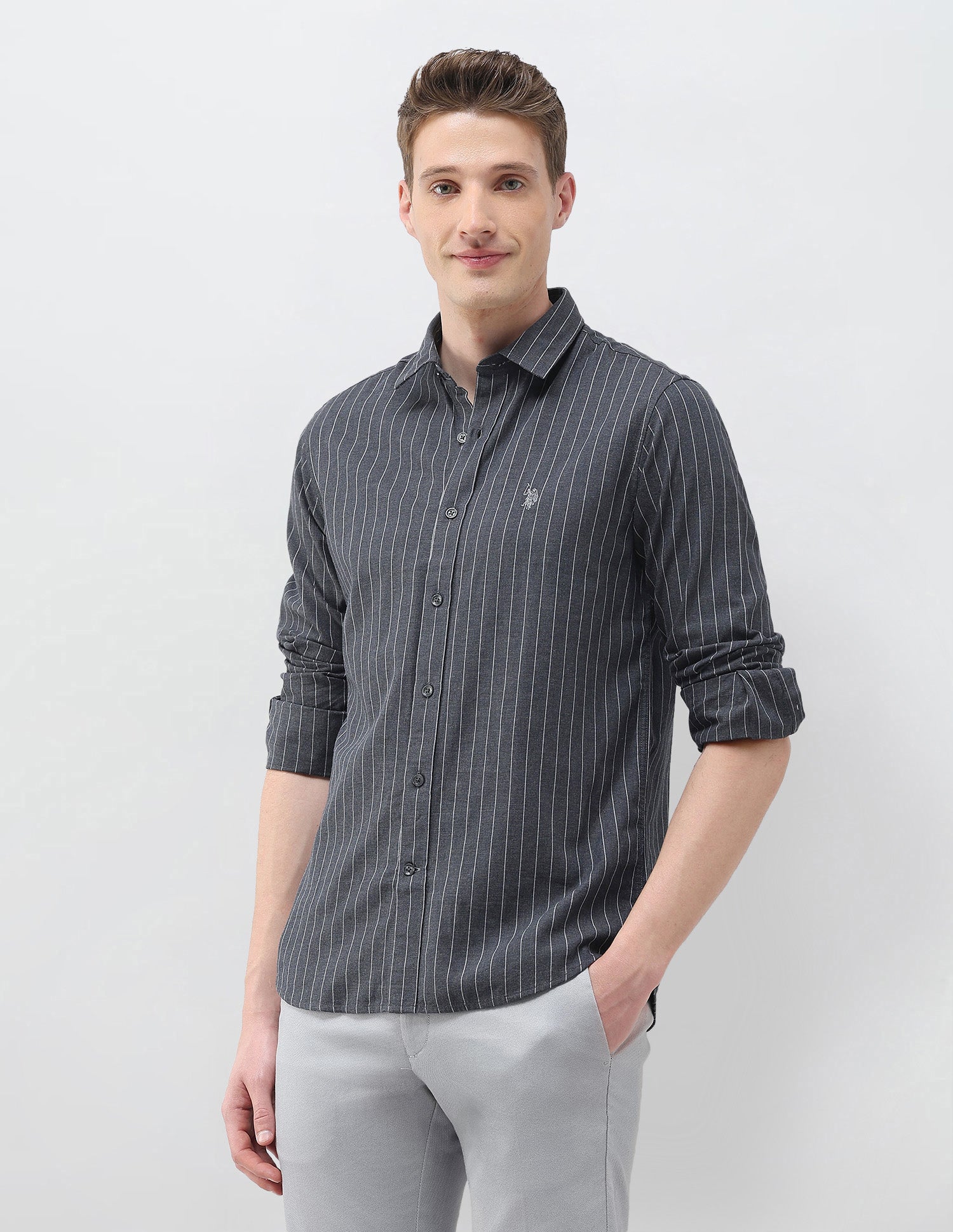 Twill Vertical Striped Shirt Dark Grey - U.S. Polo Assn. India | Large
