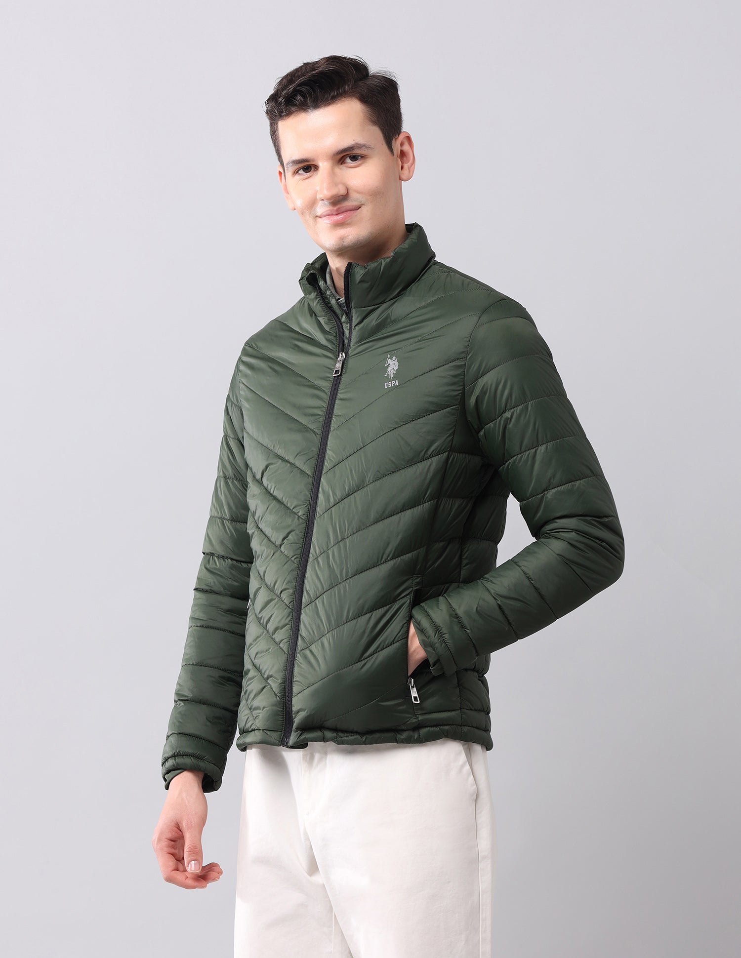 Solid High Neck Jacket Olive - U.S. Polo Assn. India | Large