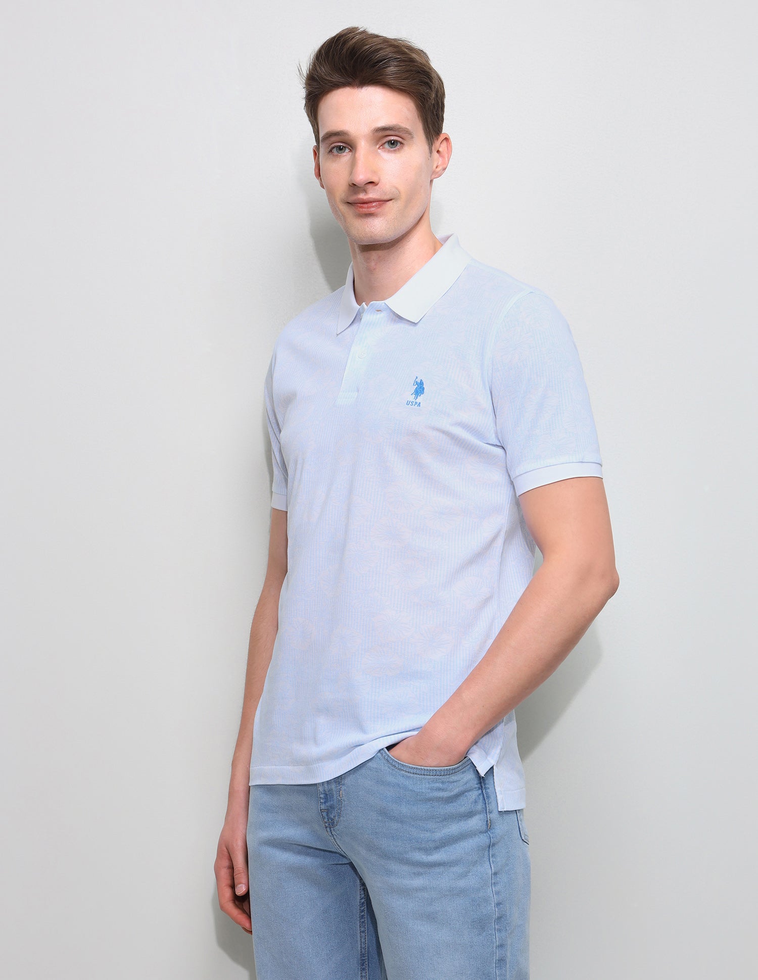 Floral Vertical Striped Slim Fit Polo Shirt Light Blue - U.S. Polo Assn. India | Large