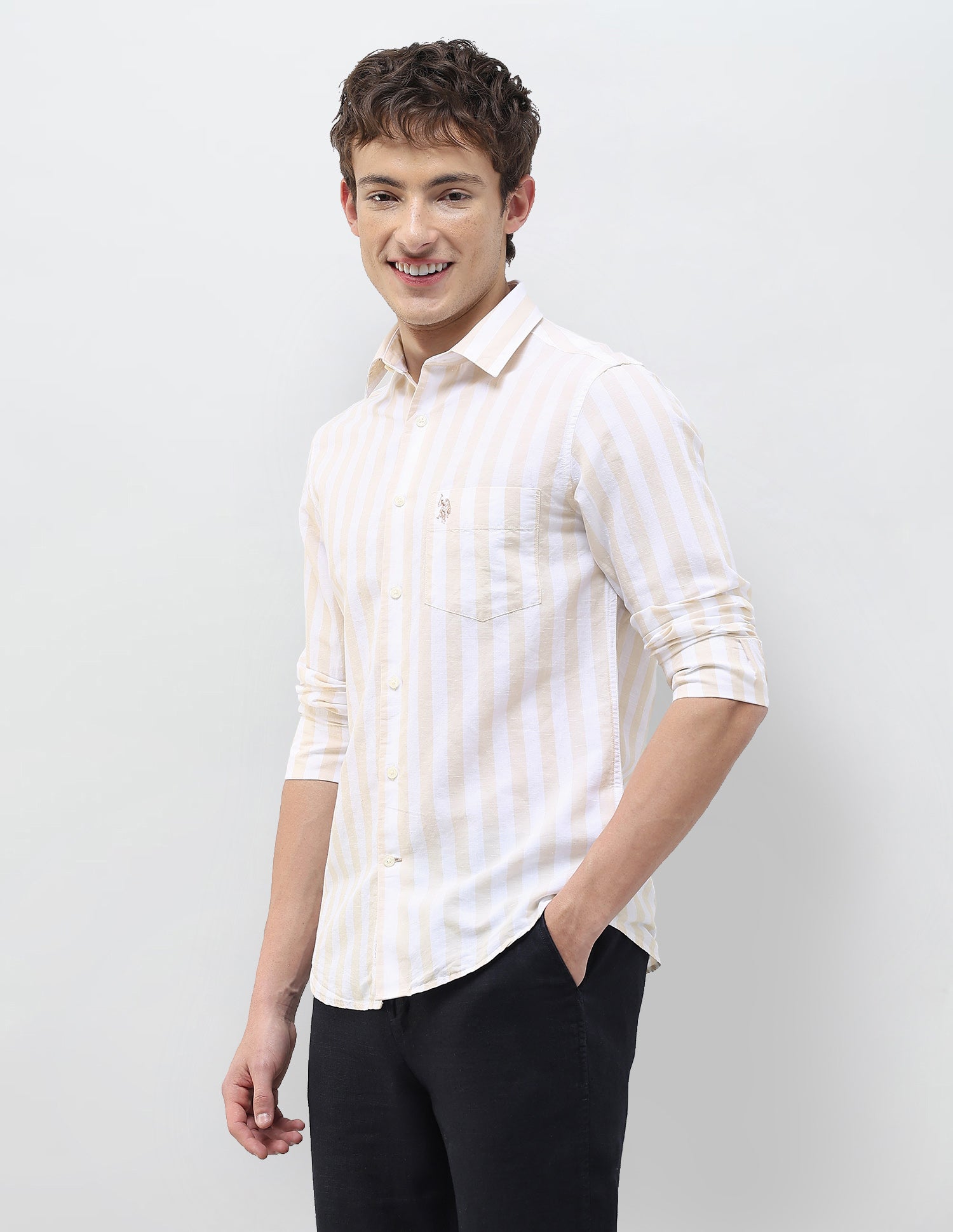 Vertical Striped Regular Fit Shirt Beige - U.S. Polo Assn. India | Large
