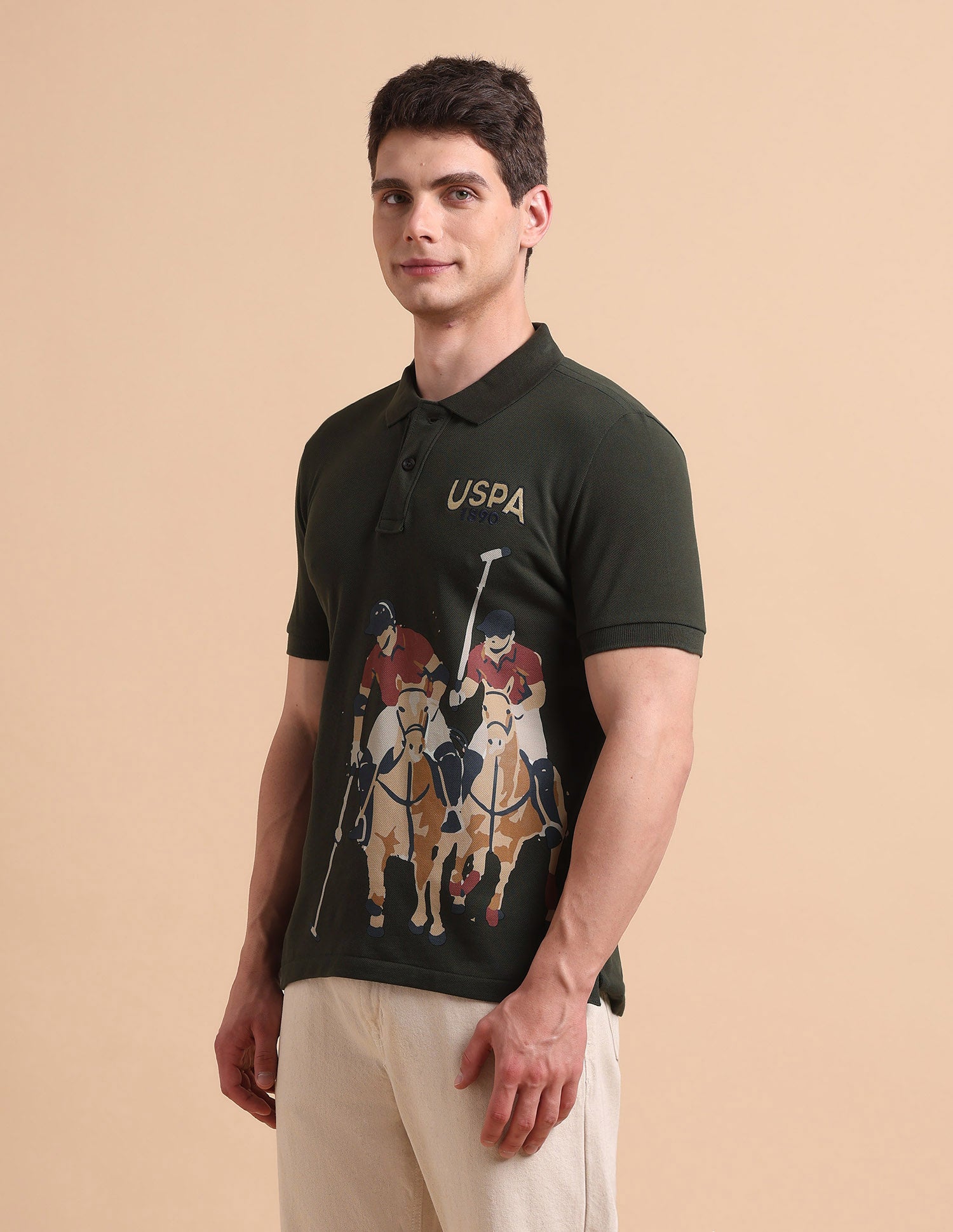 Brand Printed Pure Cotton Polo Shirt Olive - U.S. POLO ASSN. | Large