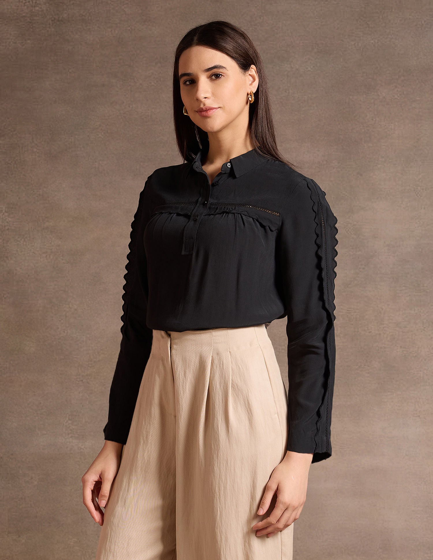 Scallop Lace Shirt Collar Top Black - U.S. POLO ASSN. | Large