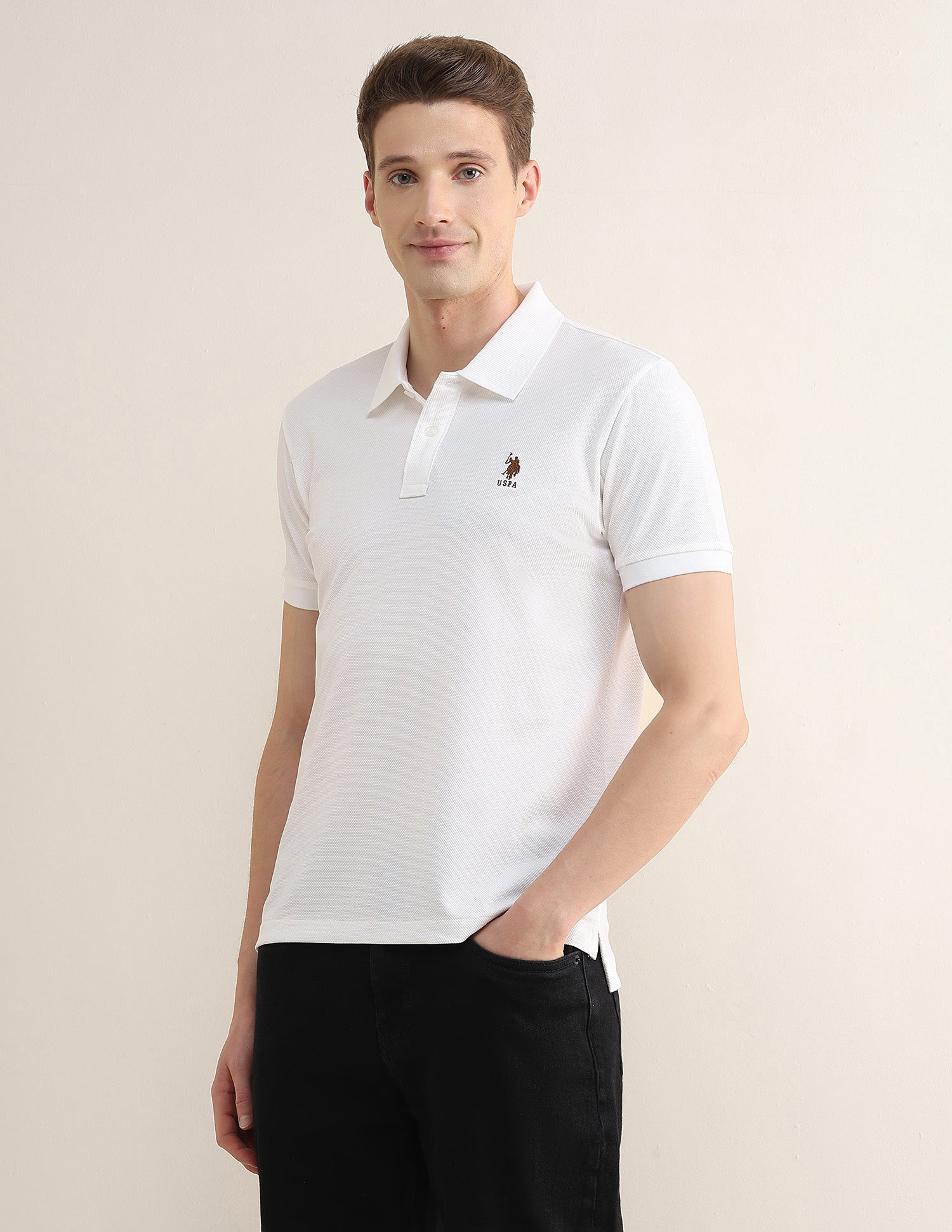 Solid Slim Fit Polo Shirt Off White - U.S. Polo Assn. India | Large