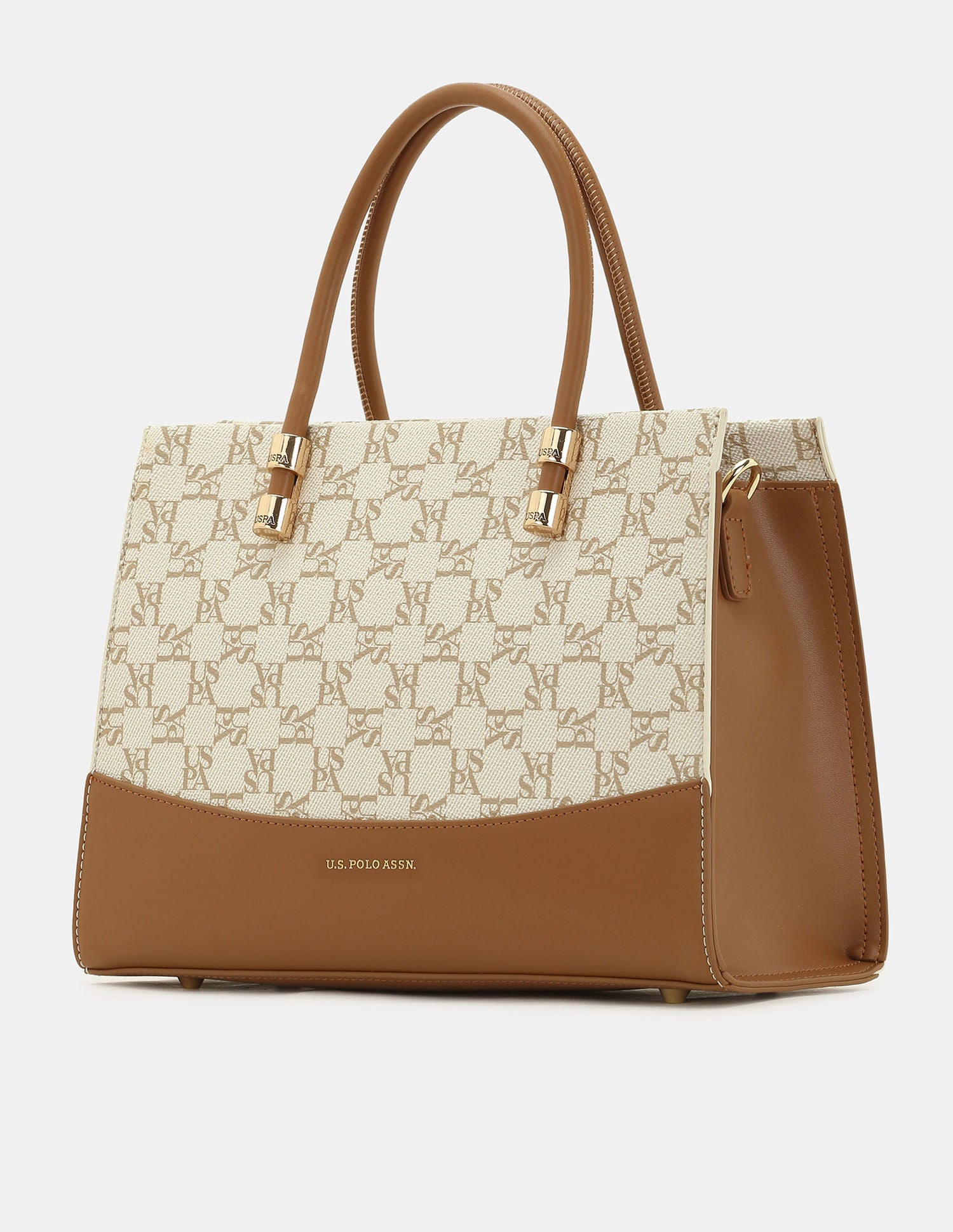 Women Bijou Monogram Satchel Bag With Convertible Strap Beige - U.S. POLO ASSN. | Large