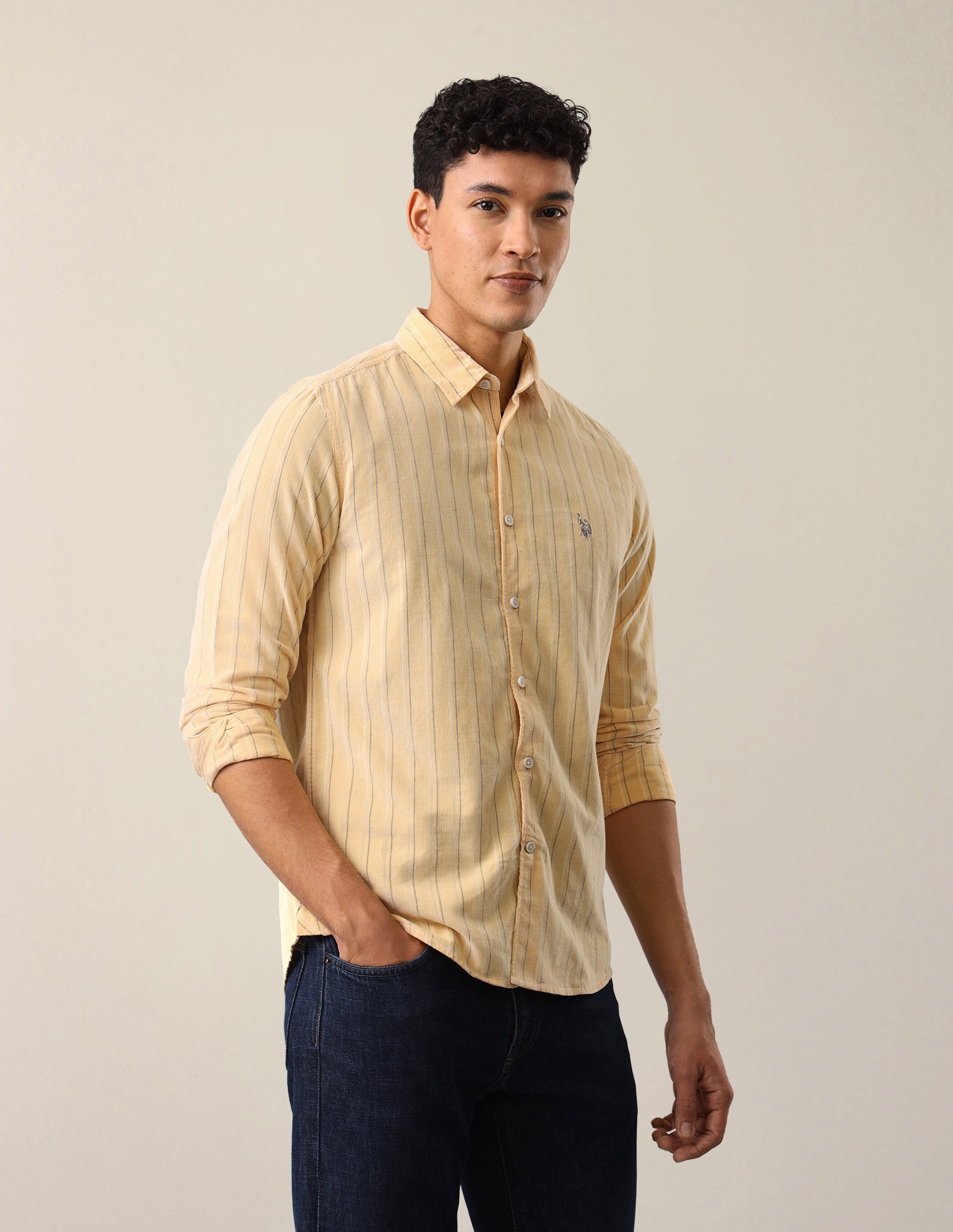 Corduroy Vertical Striped Shirt Light Yellow - U.S. Polo Assn. India | Large