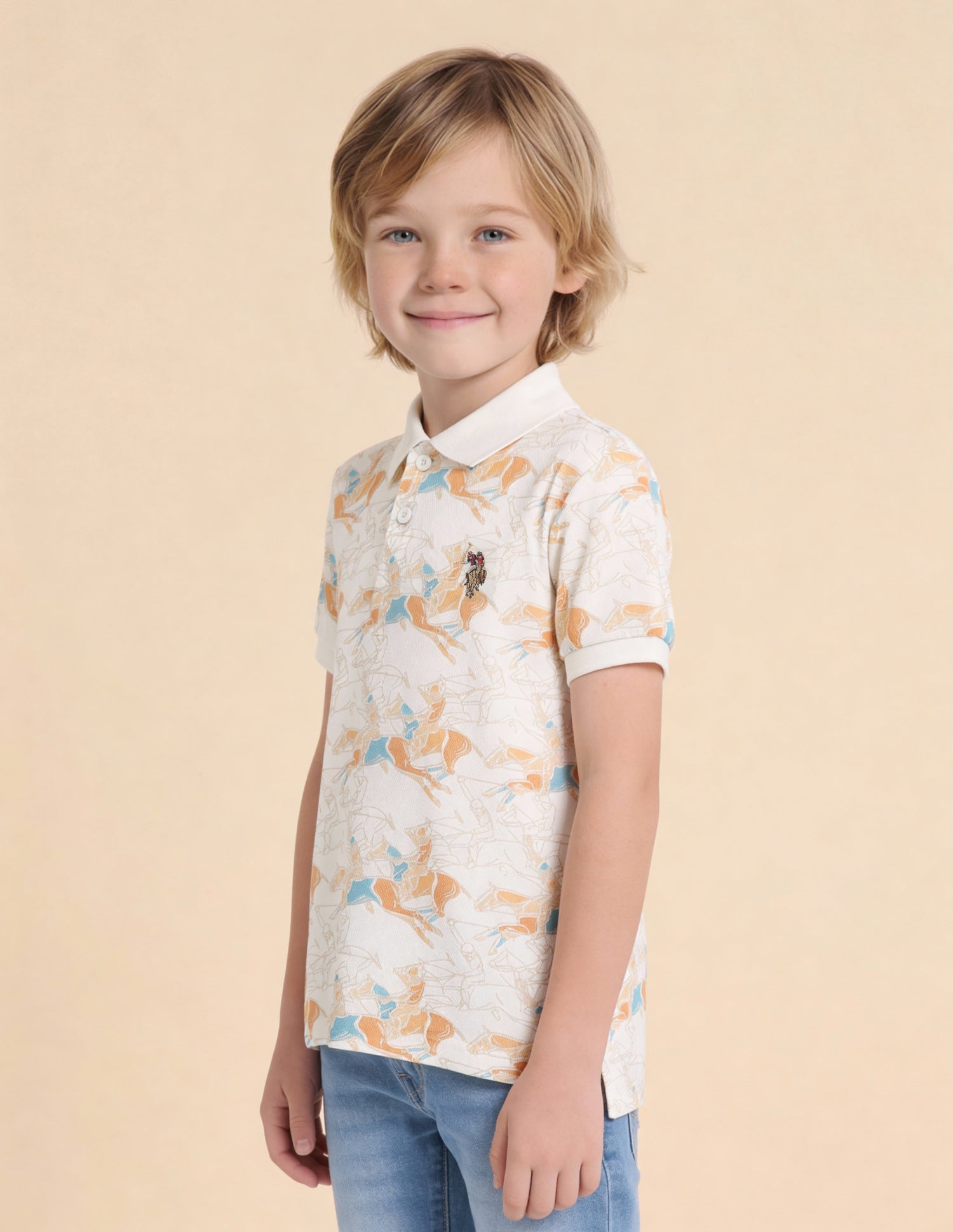 Boys Graphic Printed Regular Fit Polo Shirt Off White - U.S. Polo Assn. India | Large