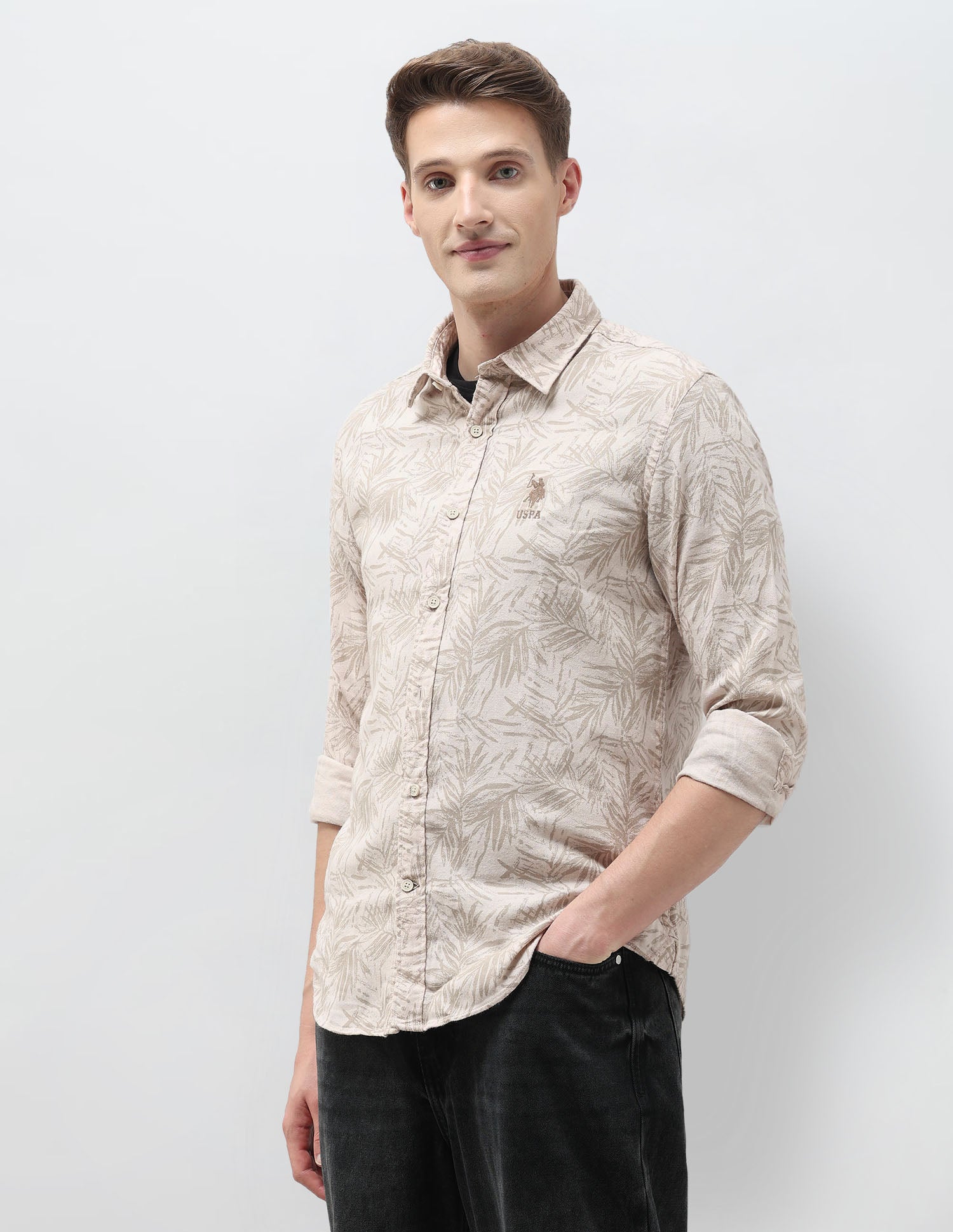 Tropical Printed Regular Fit Shirt Beige - U.S. Polo Assn. India | Large
