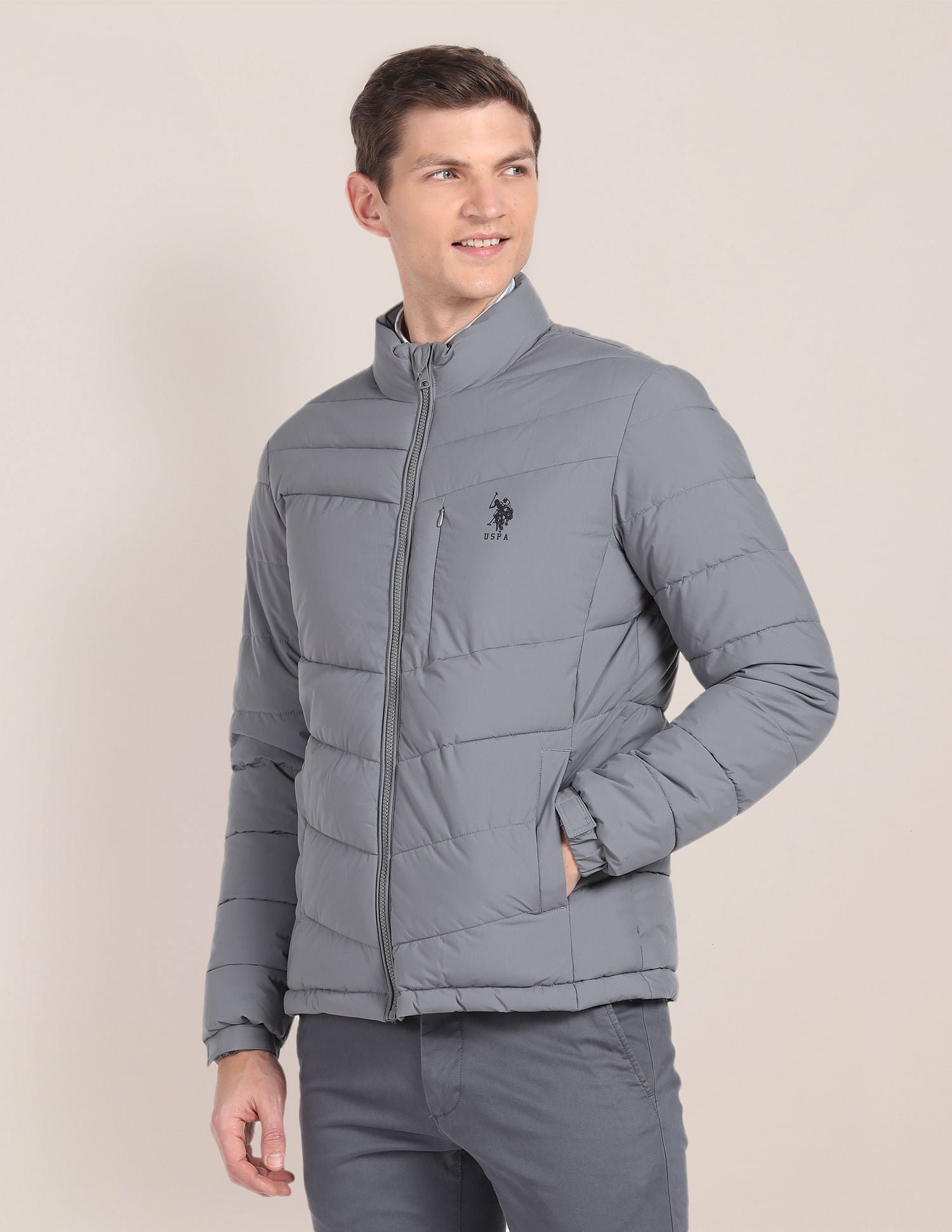 High Neck Quilted Jacket Grey - U.S. Polo Assn. India | Large