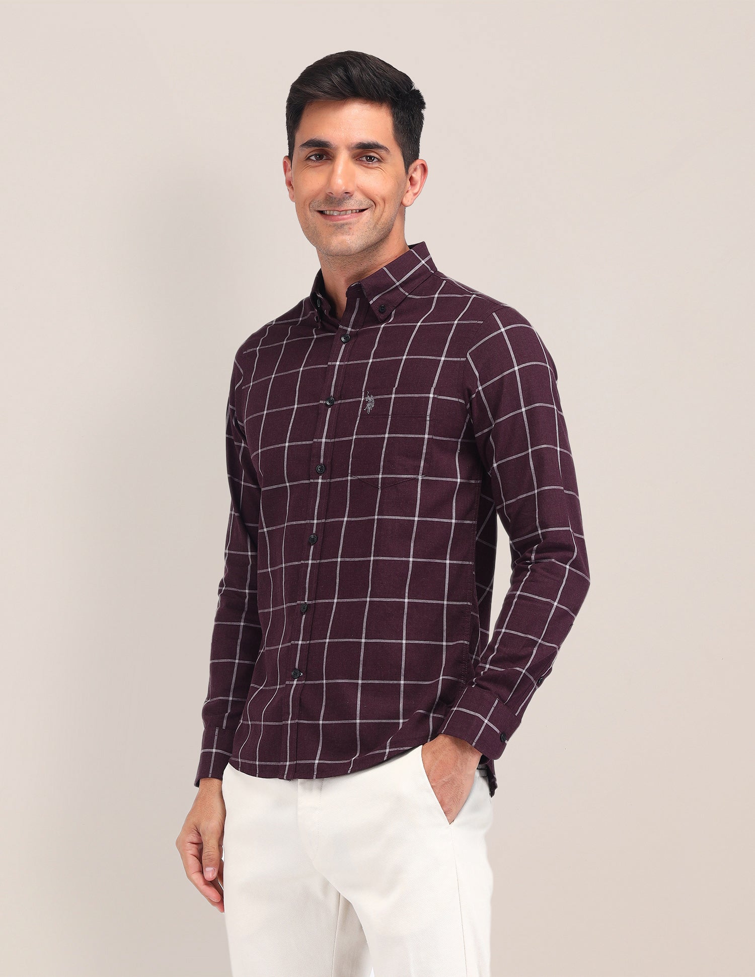 Windowpane Checked Tailored Fit Shirt Maroon - U.S. Polo Assn. India | Large