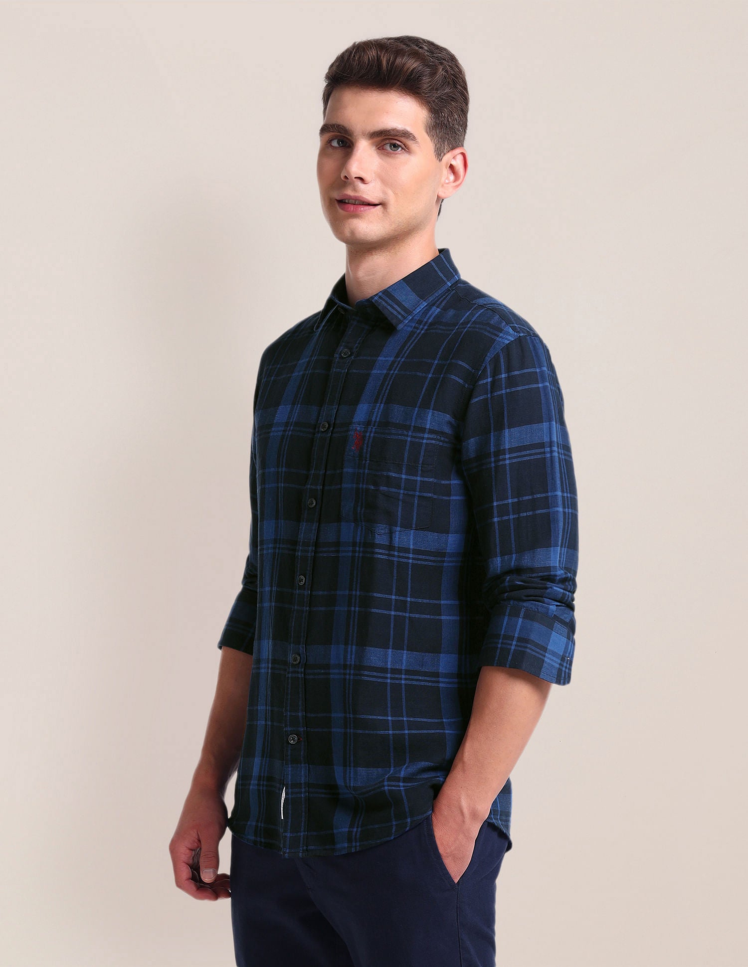 Tartan Check Linen Blend Shirt Navy - U.S. Polo Assn. India | Large