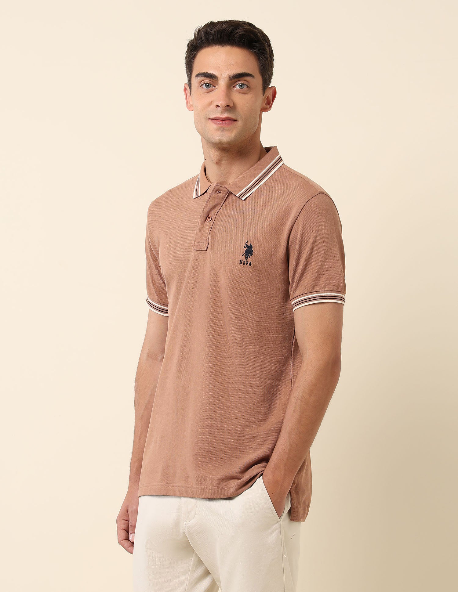 Slim Fit Solid Polo Shirt Beige - U.S. Polo Assn. India | Large