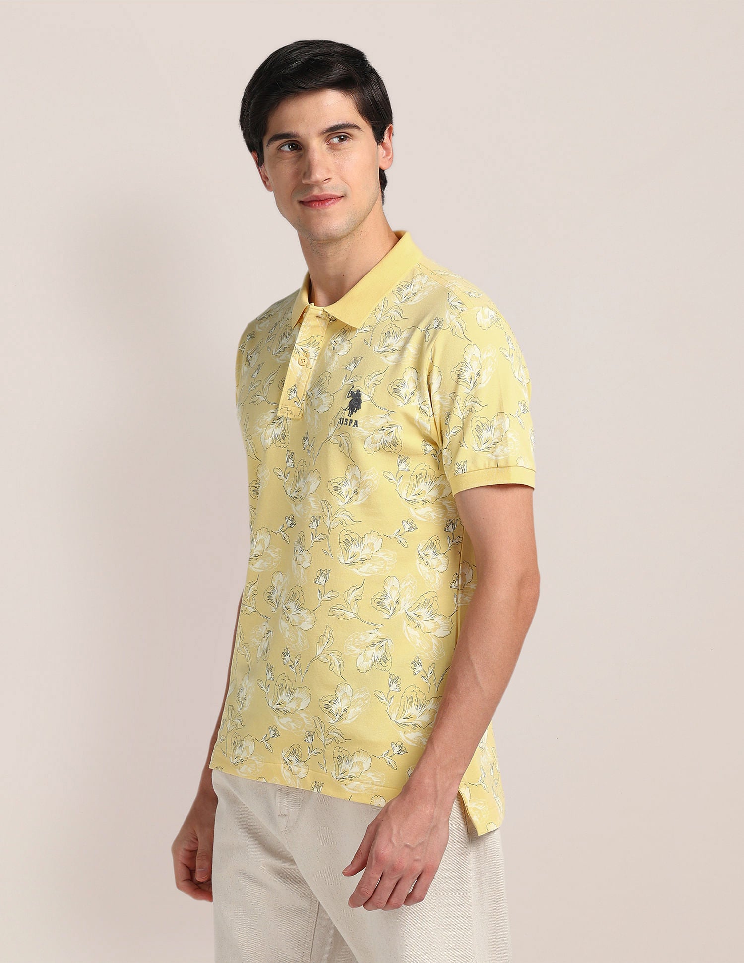 Slim Fit Floral Print Polo Shirt Yellow - U.S. Polo Assn. India | Large